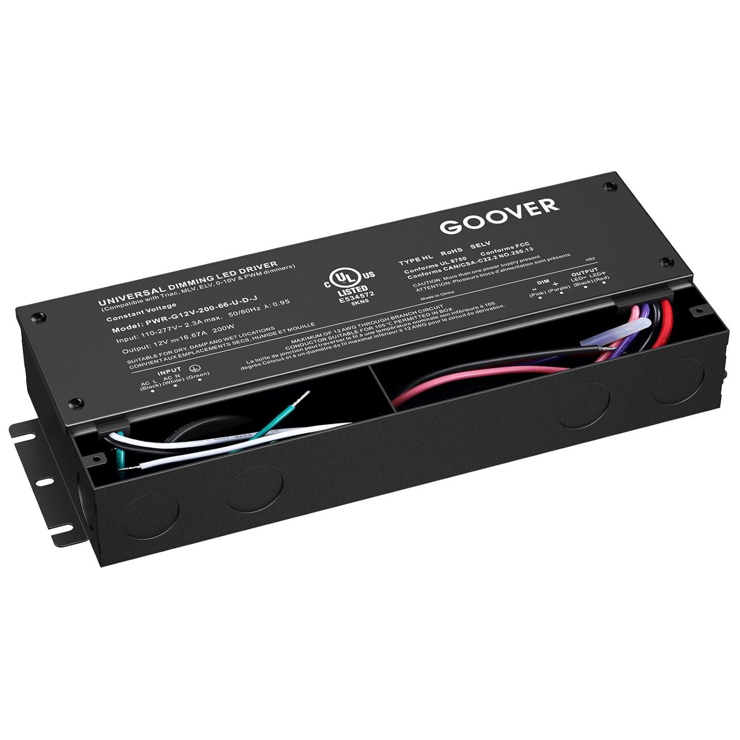 GOOVER 200W Dimmable LED Driver, 12V Triac Dimmable Power Supply, AC to DC Transformer for LED Light, Compatible with Lutron and Leviton Dimmer, Waterproof IP67 and UL Listed