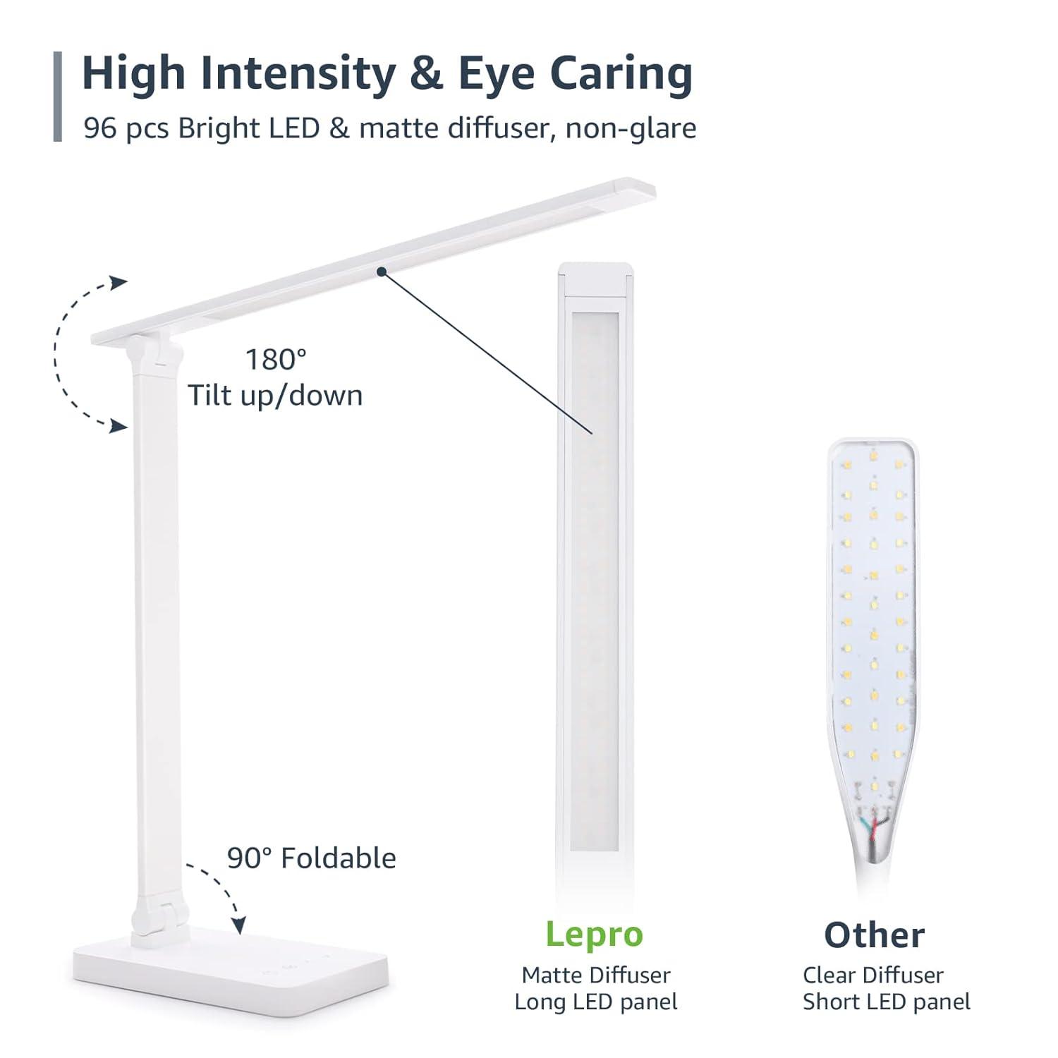 Lepro LED Dimmable Reading Desk Lamp with USB Charging Port, 15W 96 LEDs 550 Lumens Soft Light Eye-Care, Suitable for Home Work, Study, College Dorm, White