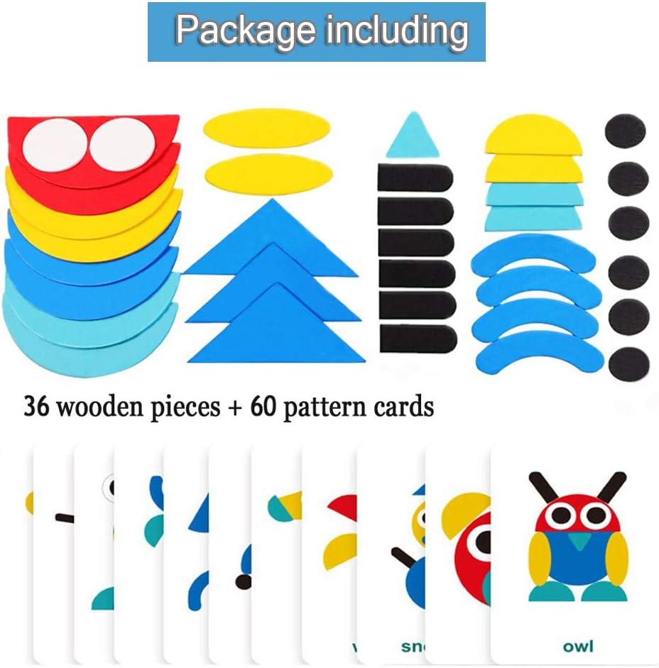 Tangram Shape Puzzle - Wooden Pattern Blocks Animal Jigsaw Color Sorting Stacking Game Preschool Montessori Learning Toys Brain Teaser STEM Gift for 3 4 5 Years Old Toddler Kid (60 Pattern Cards)