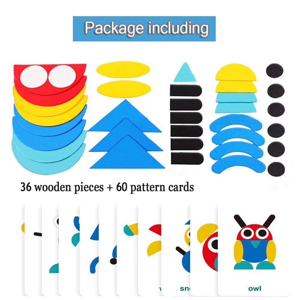 Tangram Shape Puzzle - Wooden Pattern Blocks Animal Jigsaw Color Sorting Stacking Game Preschool Montessori Learning Toys Brain Teaser STEM Gift for 3 4 5 Years Old Toddler Kid (60 Pattern Cards)