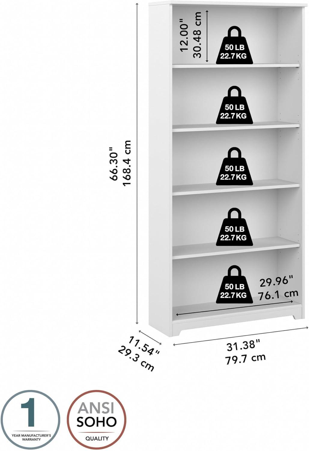 Bush Furniture Cabot 5-Shelf 66.3H Bookcase White WC31966