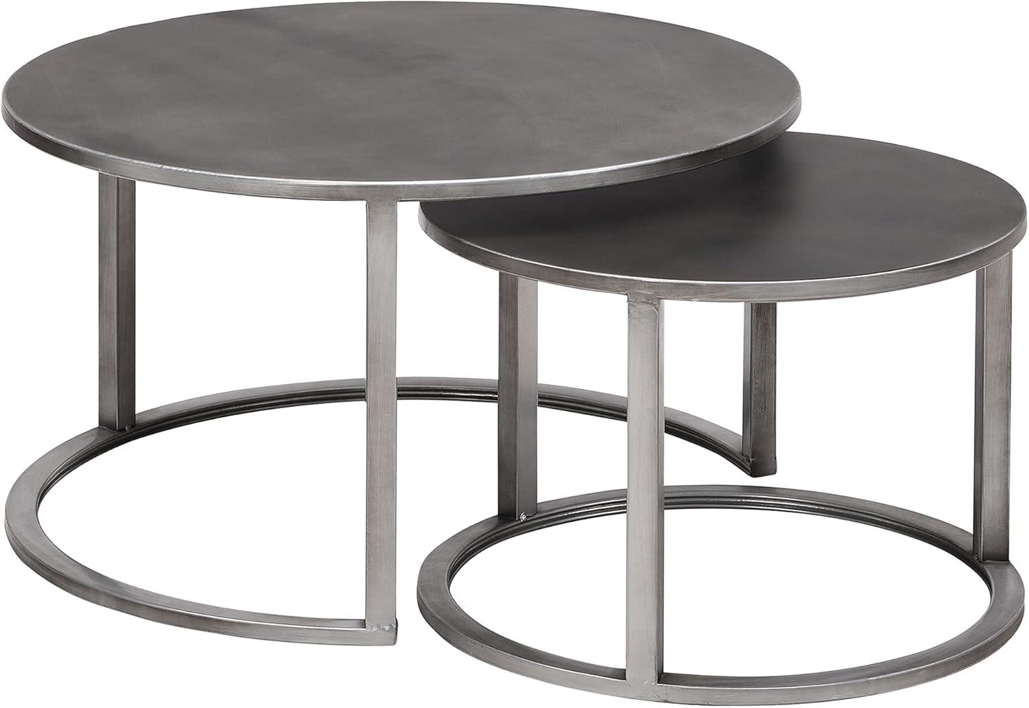 Aged Silver Round Metal Nesting Coffee Table 2-Piece Set