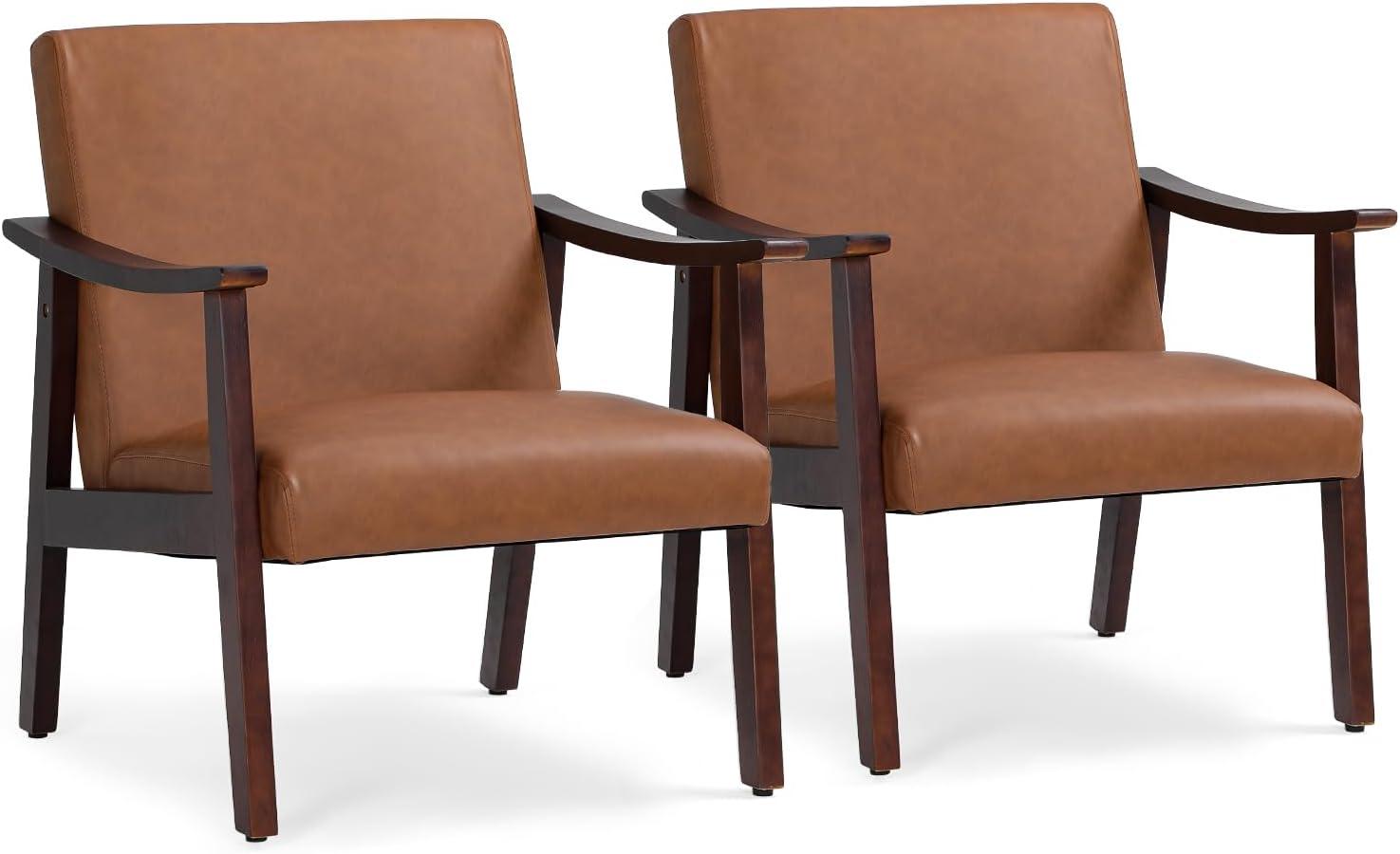 Renwick Mid-Century Modern Faux Leather Accent Chair, Set of 2, Brown