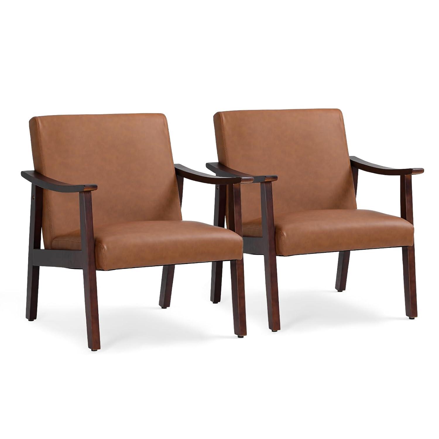 Renwick Mid-Century Modern Faux Leather Accent Chair, Set of 2, Brown