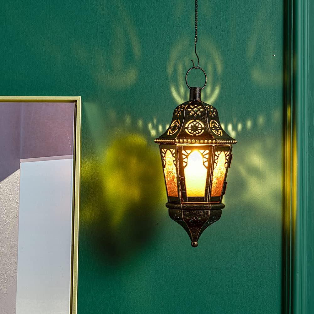 DECORKEY Moroccan Lantern Decorative Indoor & Outdoor, 13.6’’ Vintage Decorative Hanging Lanterns with Chian for Home Porch Patio Decor, Metal Ramadan Christmas Candle Holder Decorations (Amber)
