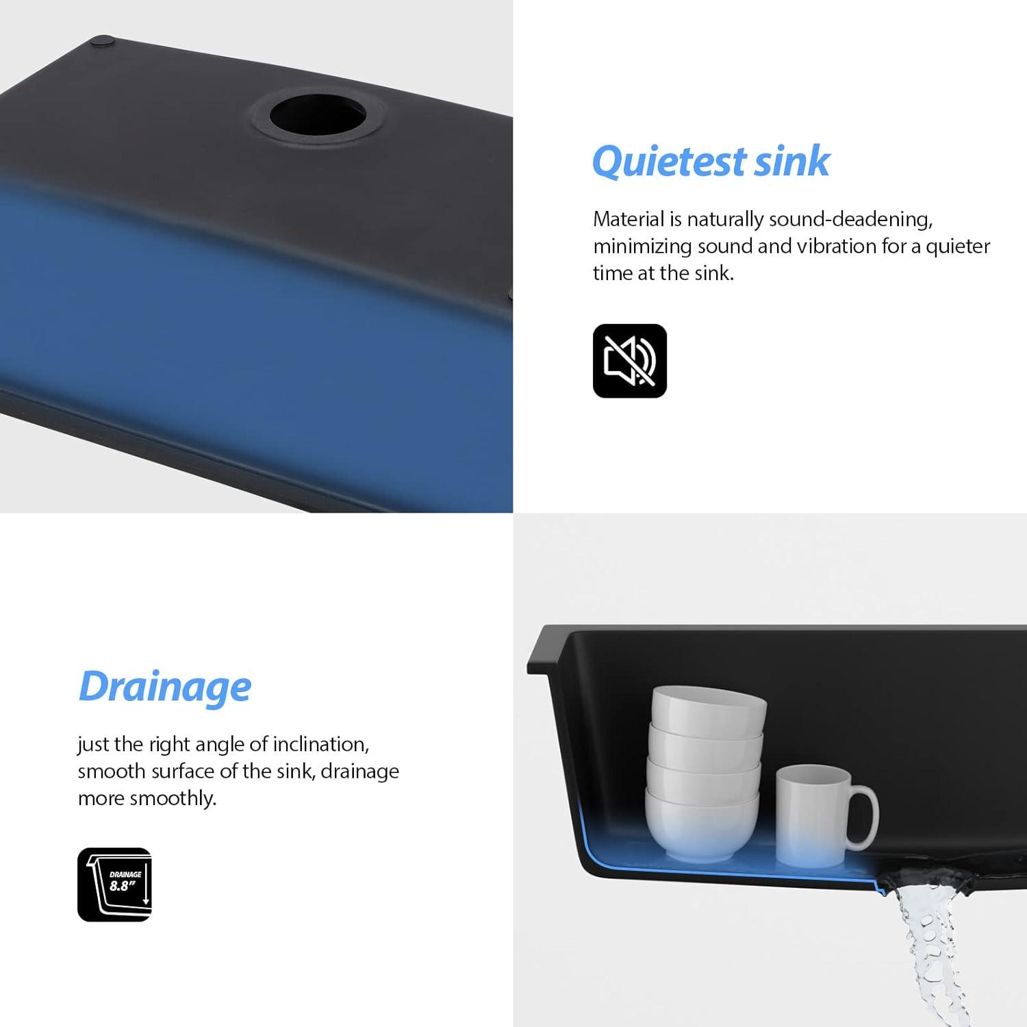 Davivy 33 Inch Black Granite Composite Kitchen Sink Workstation, 33 X 22 Quartz Composite Dual Mount Sink, Matte Black Composite Single Bowl Sink