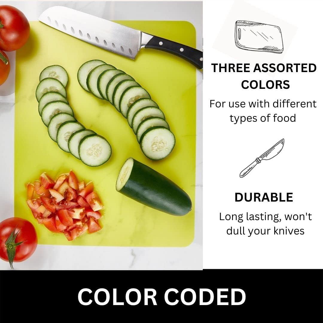 flexible plastic cutting board mats set, colorful kitchen cutting board set of 3 colored mats