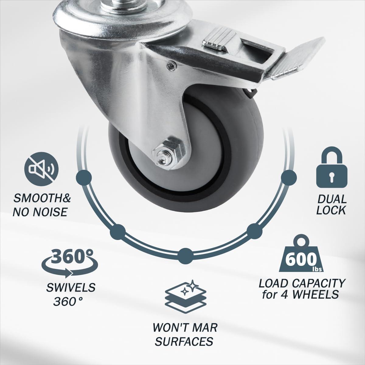 POWERTEC 4PK 3" Threaded Stem Caster Wheels with Brake & 600 lbs Loads, Heavy Duty 1/2"-13 x 1-3/8" Stem Casters, Dual Locking TPR Rubber Castor Wheels for Furniture, Cart, Dolly & Workbench, 17201