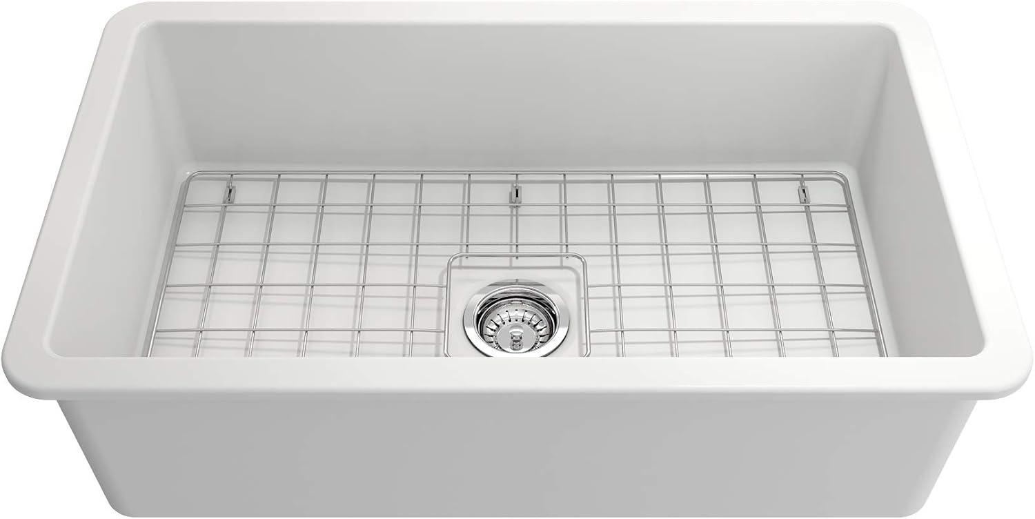 BOCCHI Sotto Undermount Fireclay 32 in. Single Bowl Kitchen Sink with Protective Bottom Grid and Strainer in Matte White