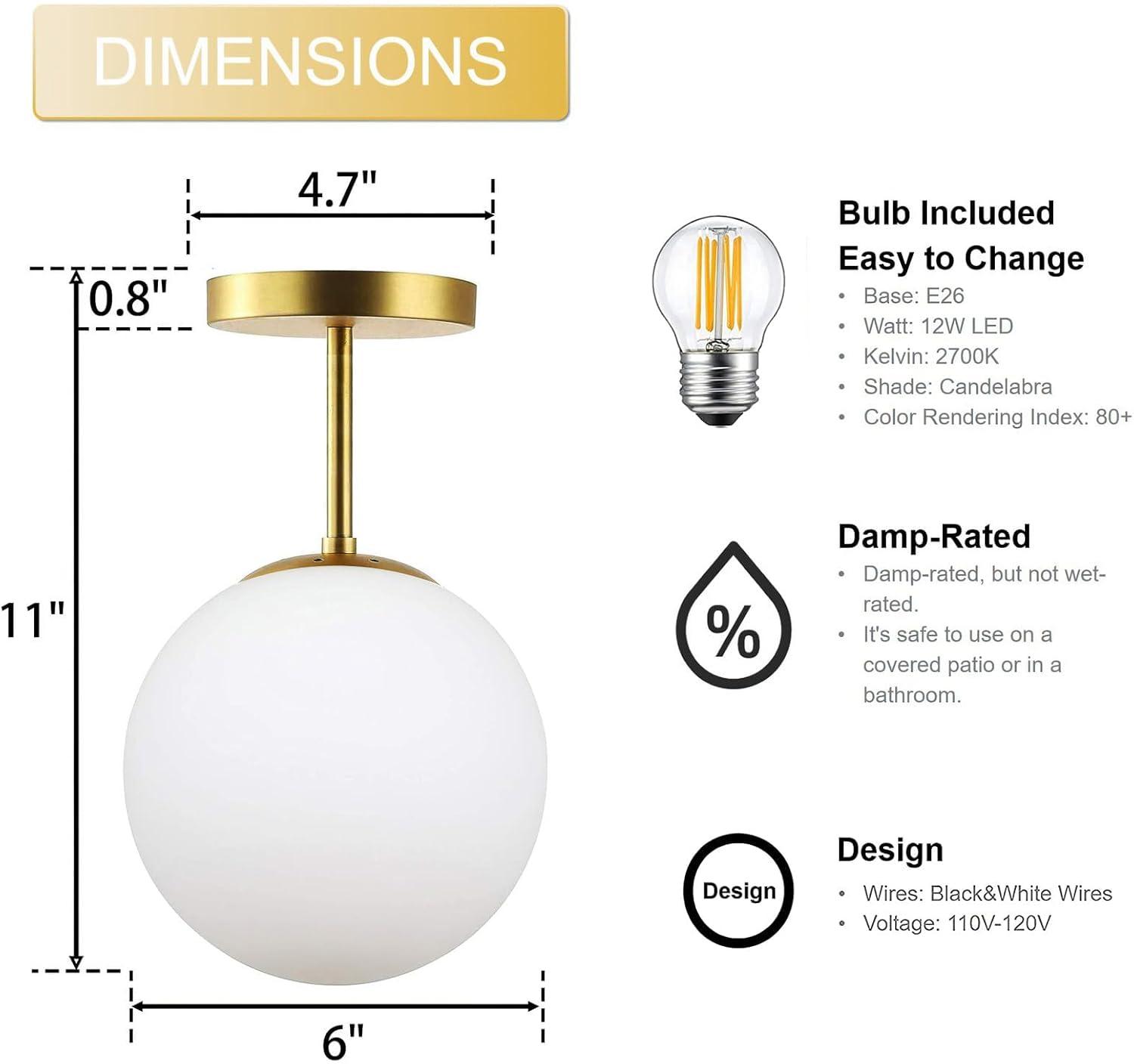 Mid Century Modern Globe Semi Flush Mount Ceiling Light Fixture Frosted Glass with Gold Brass Finish,1-Light Sphere Glass Pendant Lights for Aisle Porch Stairway Closet Kitchen Laundry Room(Bulb Incl)