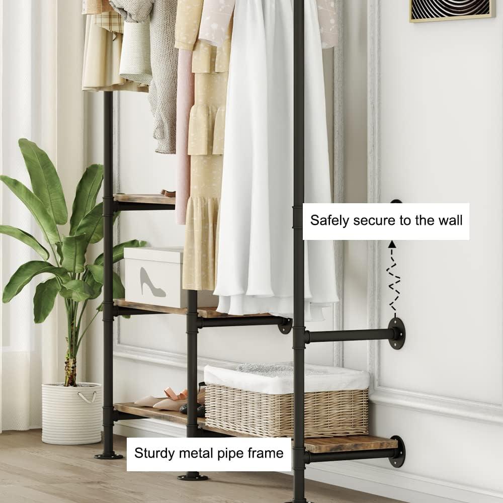 Black Industrial Pipe Wall Mounted Clothing Rack with Shelves