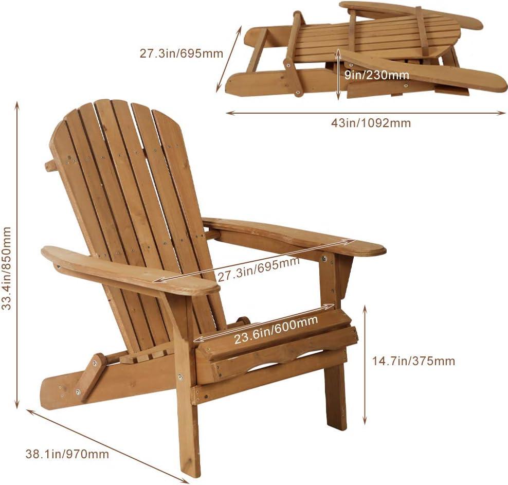 FDW Folding Wood Adirondack Chair Accent Furniture for Yard, Patio, Garden w/ Natural Finish - Brown