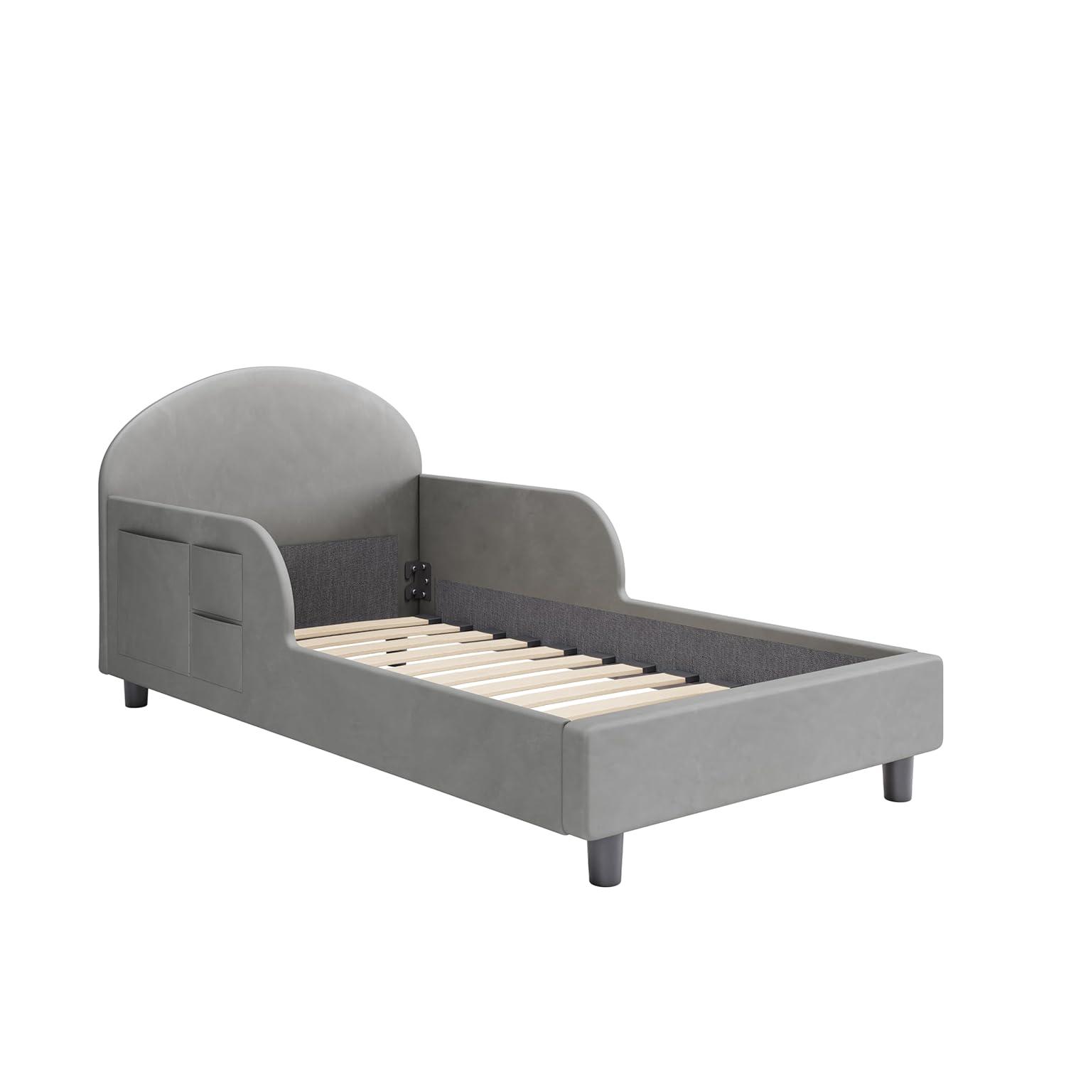 Gray Velvet Upholstered Toddler Bed with Storage Pockets