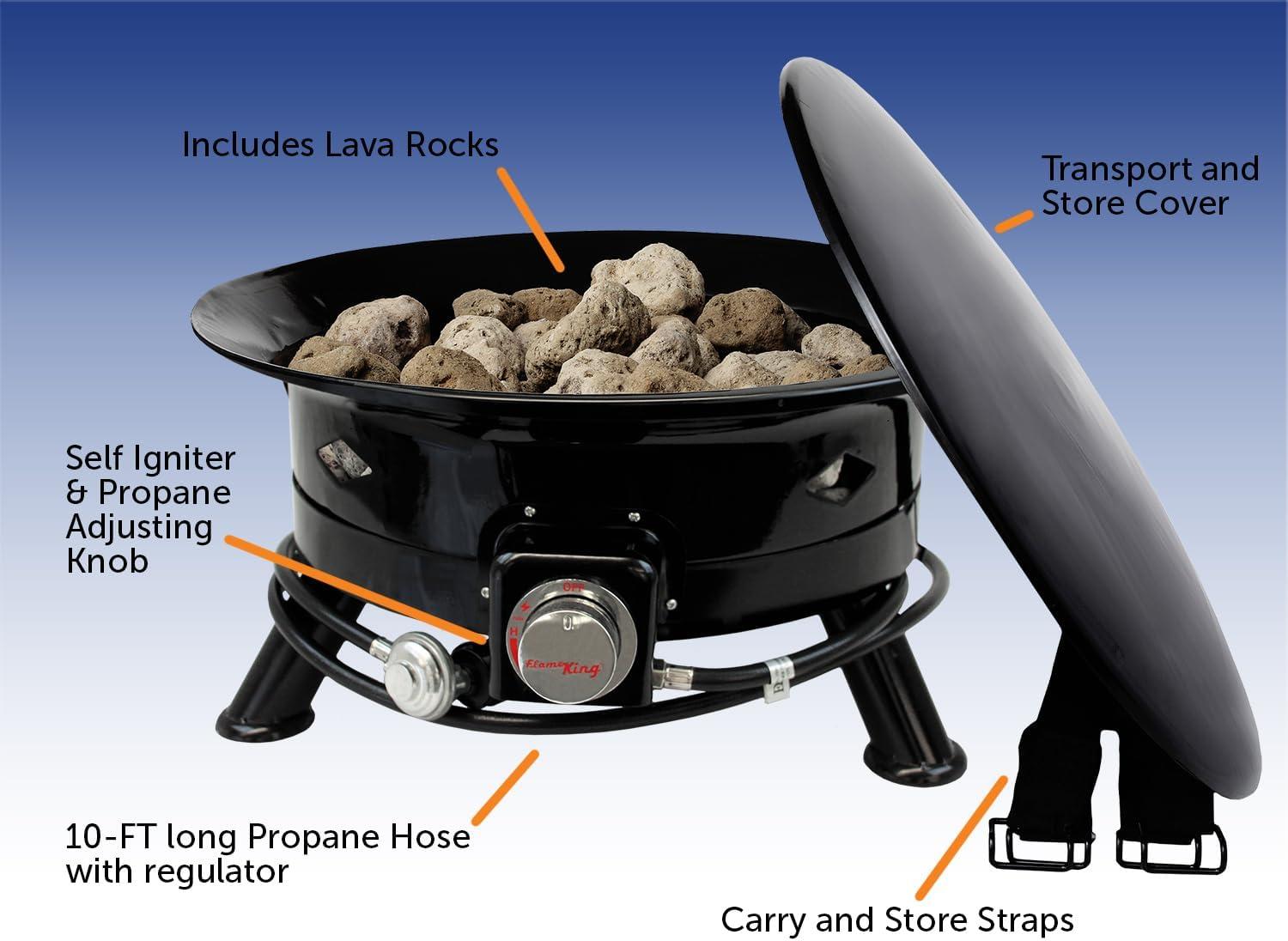 24-Inch Black Portable Gas Fire Pit with Lava Rocks