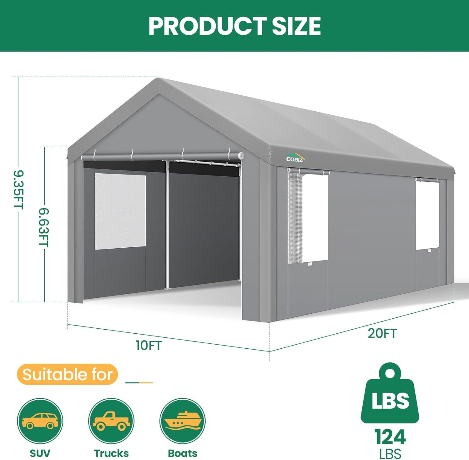 Cobizi Carport 10'x20' Heavy Duty Portable Garage, Upgraded Car Canopy