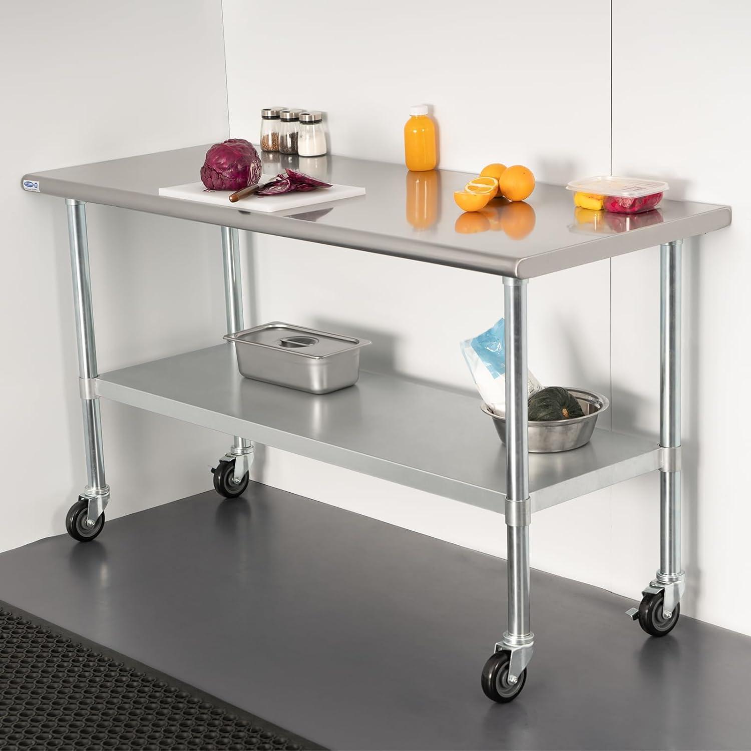 Stainless Steel Prep & Work Table with Caster Wheels, 48 x 30 Inches