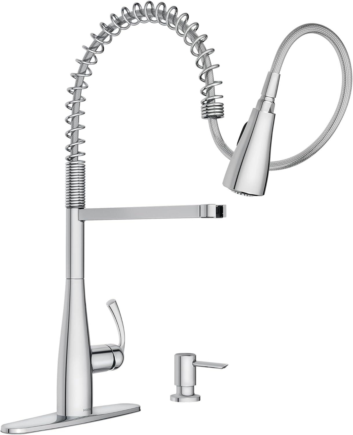 Moen Essie Pre-Rinse Spring Pull Down Single Handle Kitchen Faucet with Power Clean Technology and Soap Dispenser