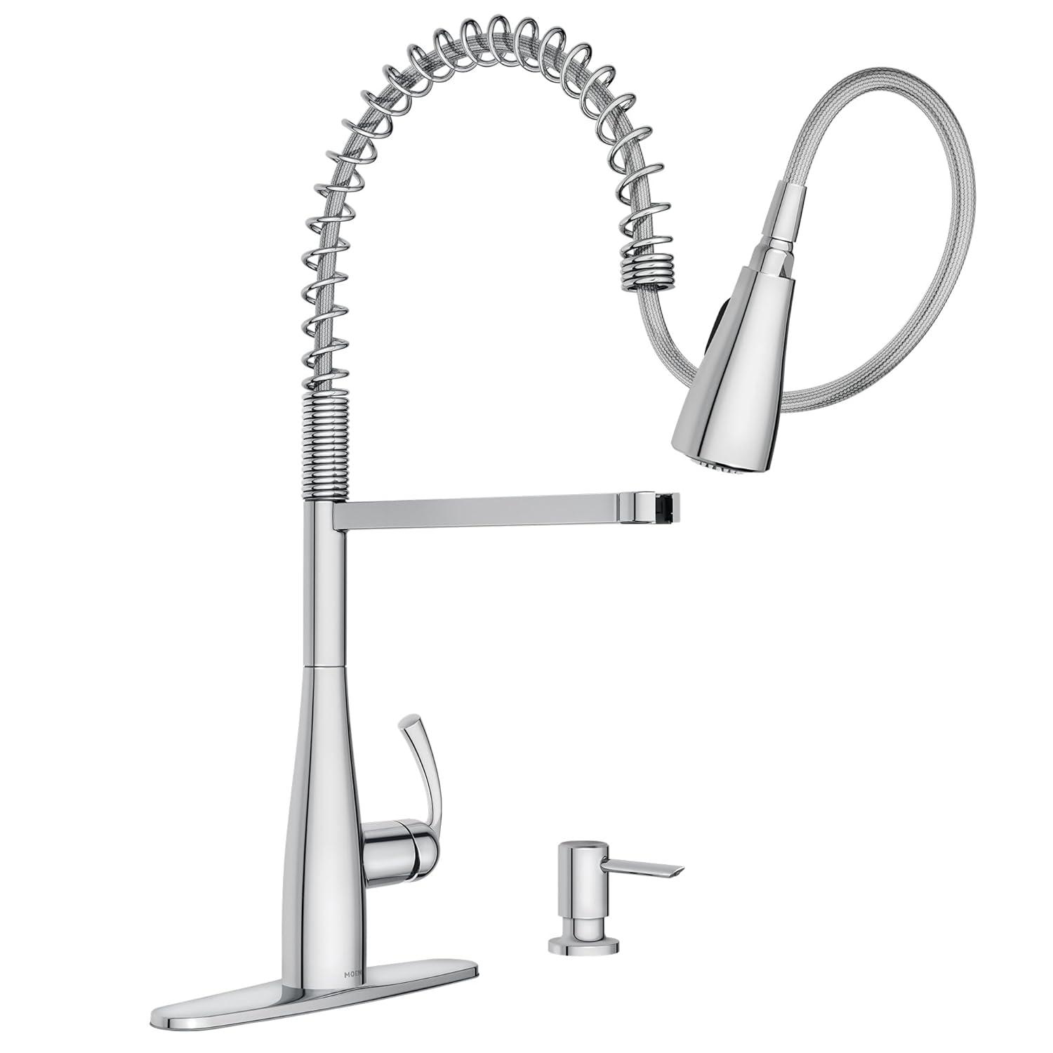 Moen Essie Pre-Rinse Spring Pull Down Single Handle Kitchen Faucet with Power Clean Technology and Soap Dispenser