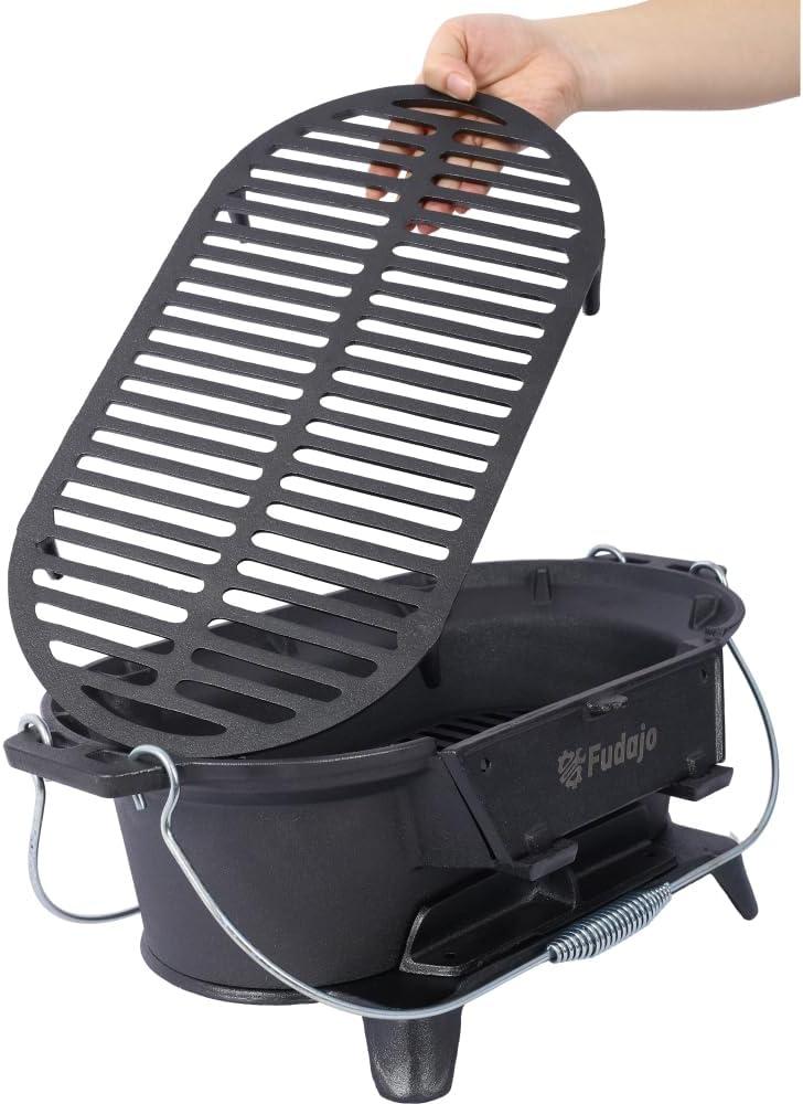 Cast Iron Hibachi Grill – Portable Charcoal BBQ for Outdoor Cooking, Durable Tabletop Skillet, Compact Camping Charcoal Cooker for Tailgating, Picnics & Hunting (Oval)