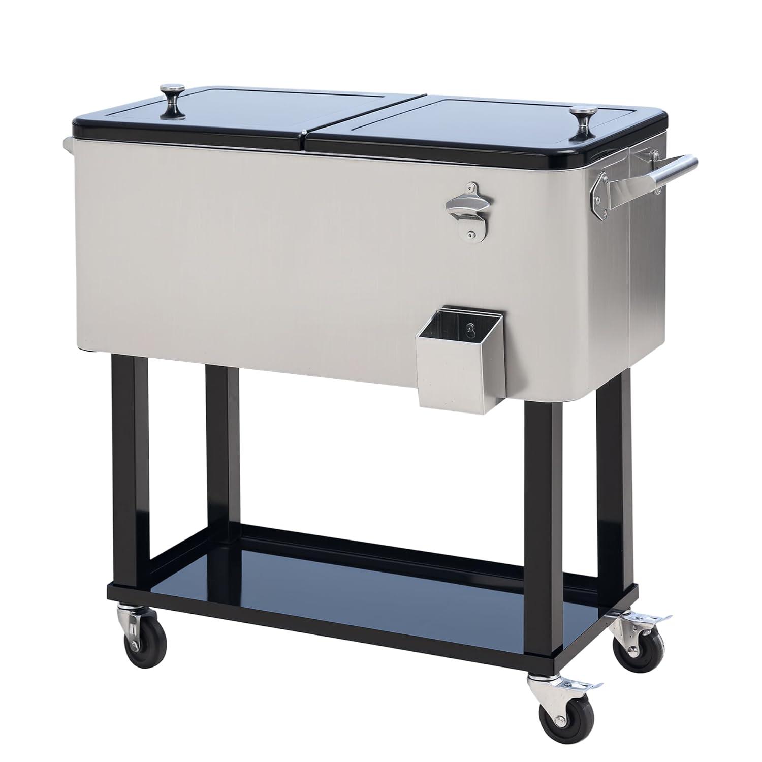 IRHOMA Outsunny 80 QT Rolling Cooling Bins Ice Chest on Wheels Outdoor Stand Up Drink Cooler Cart for Party