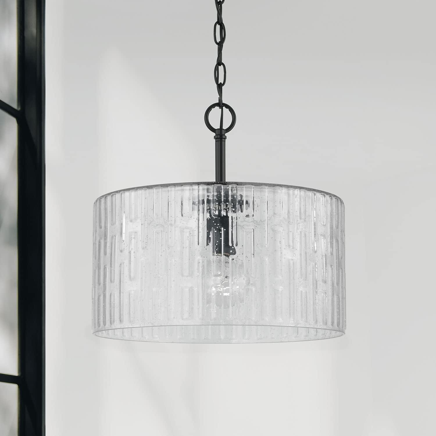 Matte Black and Seeded Glass Drum Pendant Light