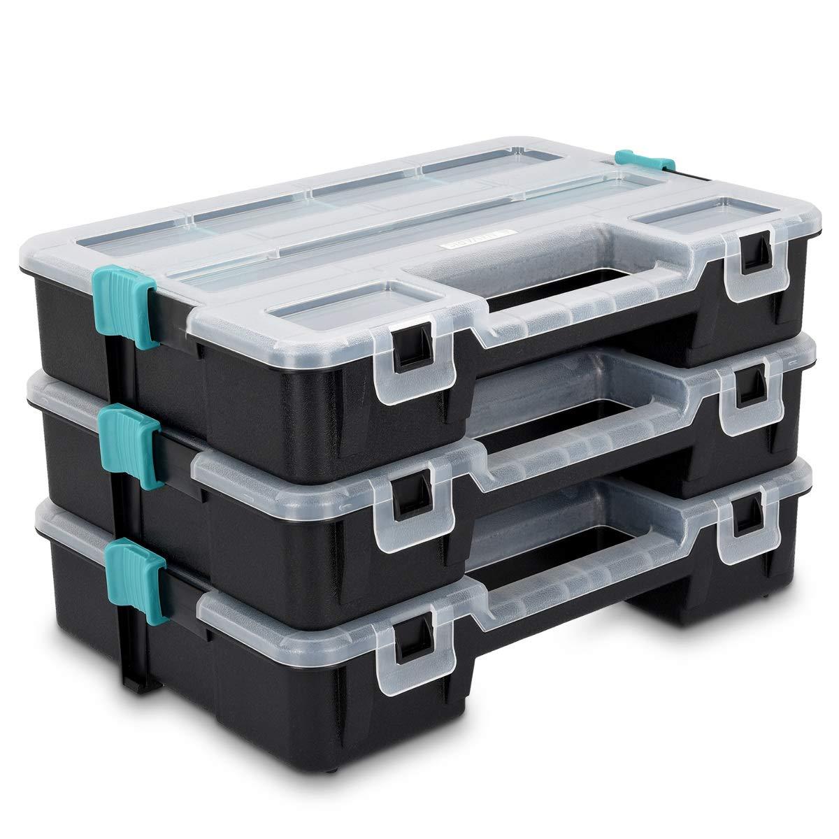 Navaris Plastic Storage Box - Stackable Organizer Case with Adjustable and Removable Divider Compartment for Tools, Small Items, Jewelry - 3 Boxes
