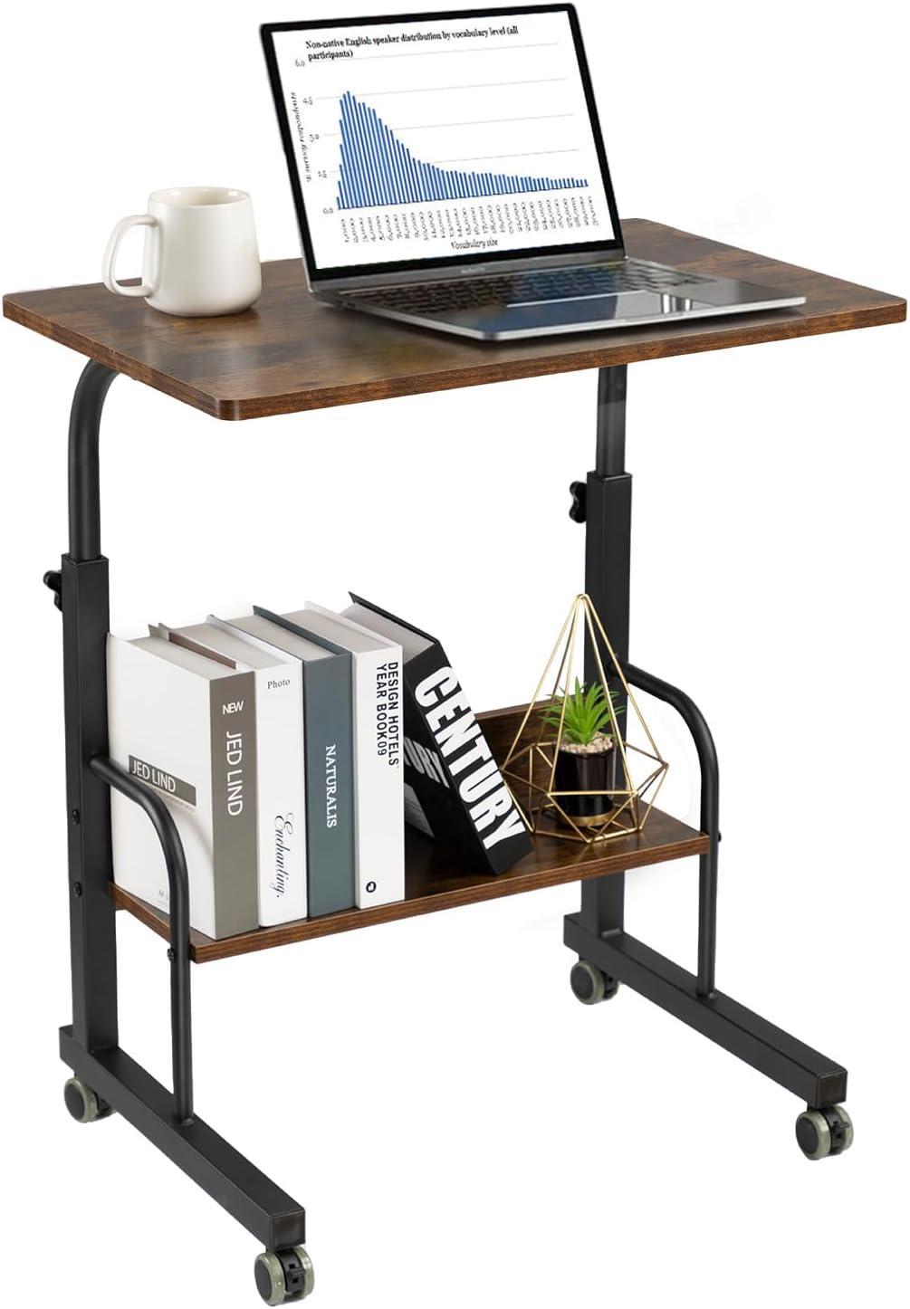 Adjustable Height Brown Mobile Laptop Cart with Storage Shelf