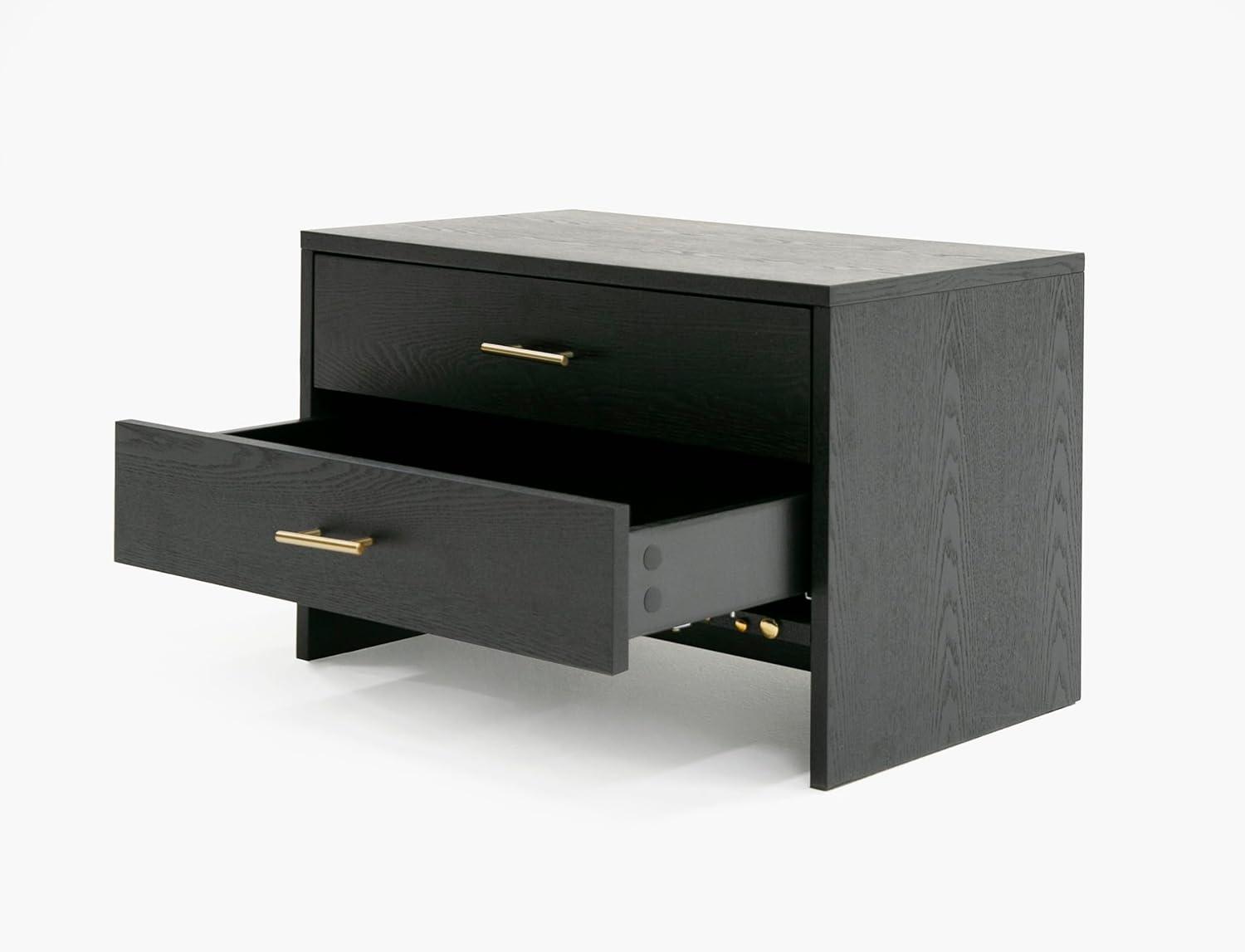 Gray Ash Veneer Nightstand with Brass Accents and 2 Drawers