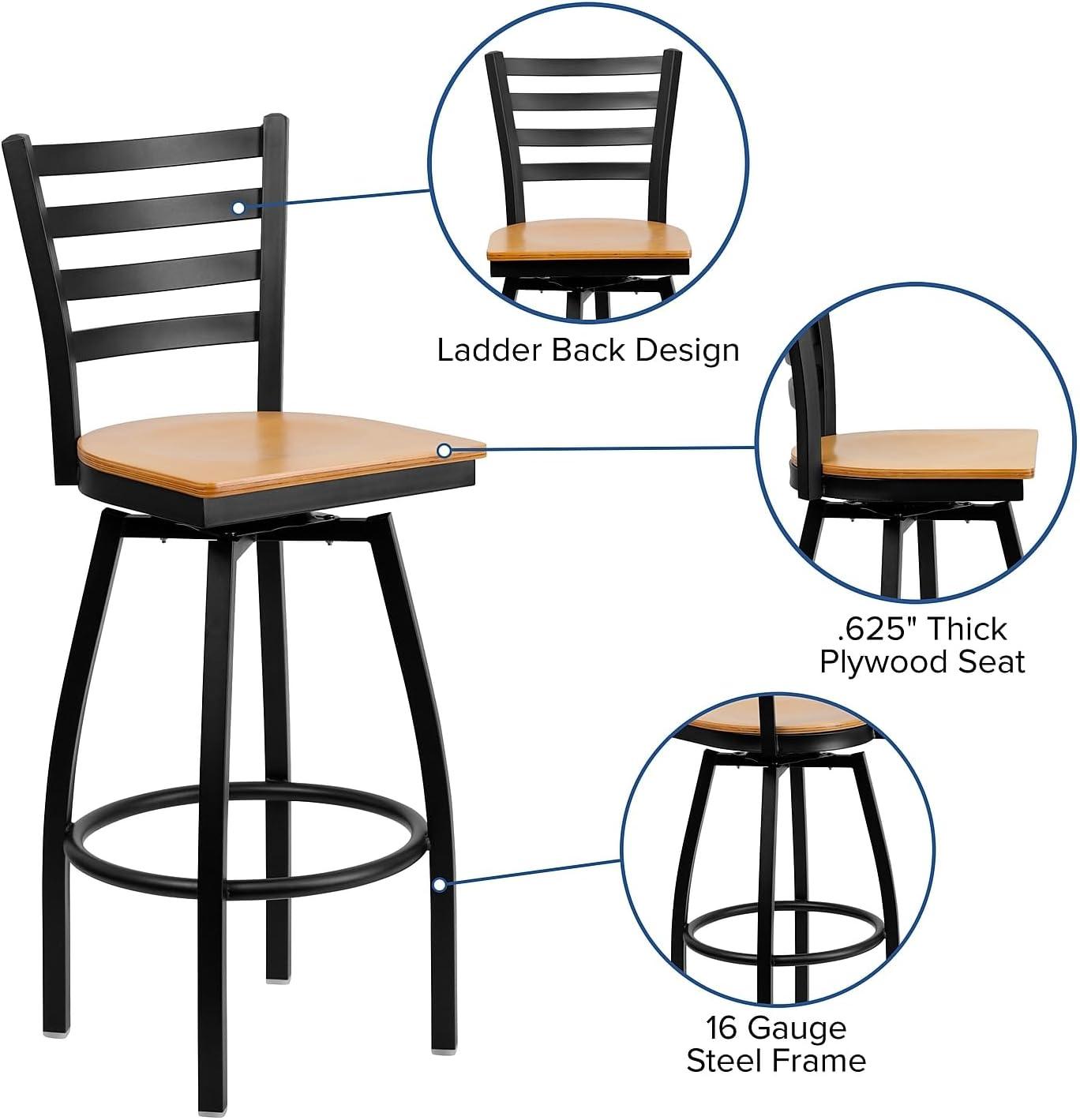 Flash Furniture HERCULES Series Black Ladder Back Swivel Metal Barstool - Natural Wood Seat