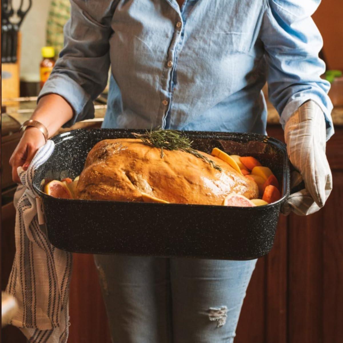 Speckled Black 21" Covered Non-Stick Rectangular Roaster with Handles