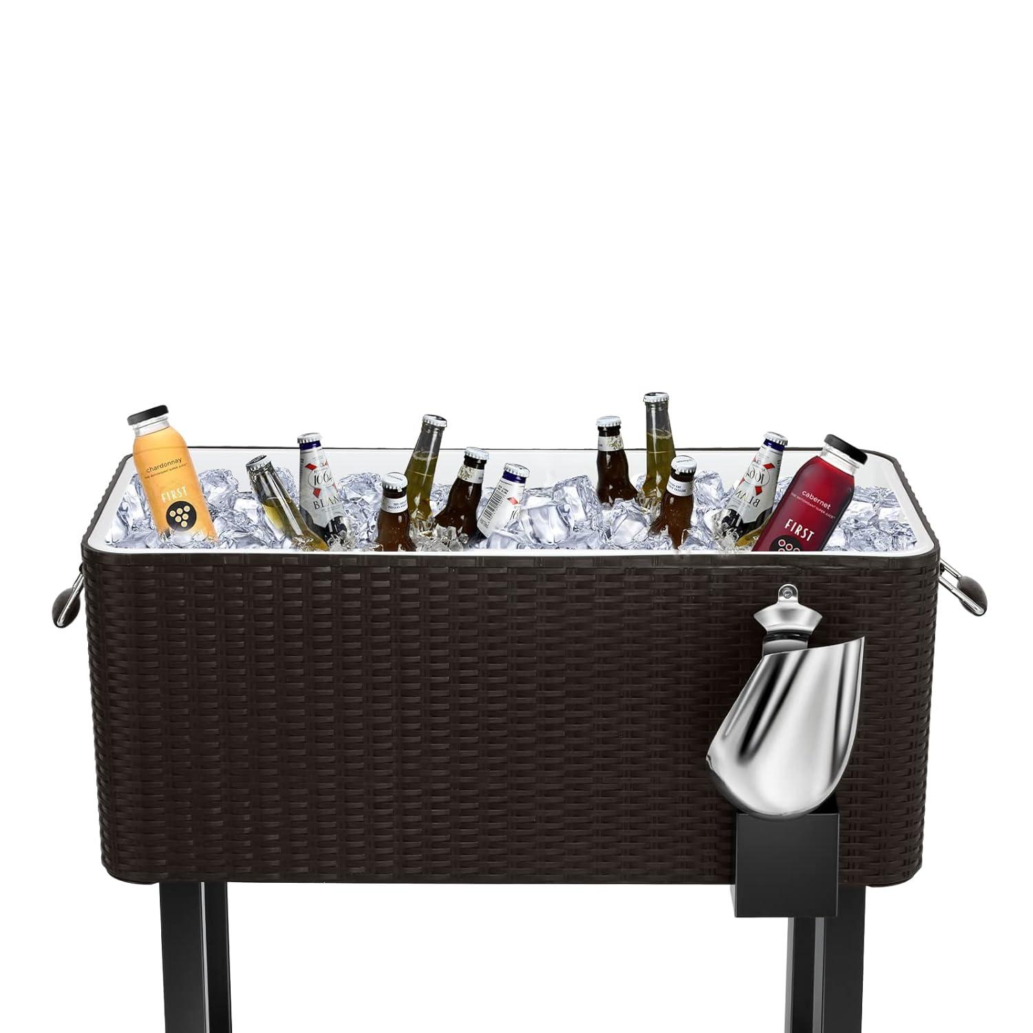 Bring Home Furniture Outdoor 80 Qt Rolling Cooler Cart, with Bottle Opener + Storage Shelf Camping Beverage Ice Chest