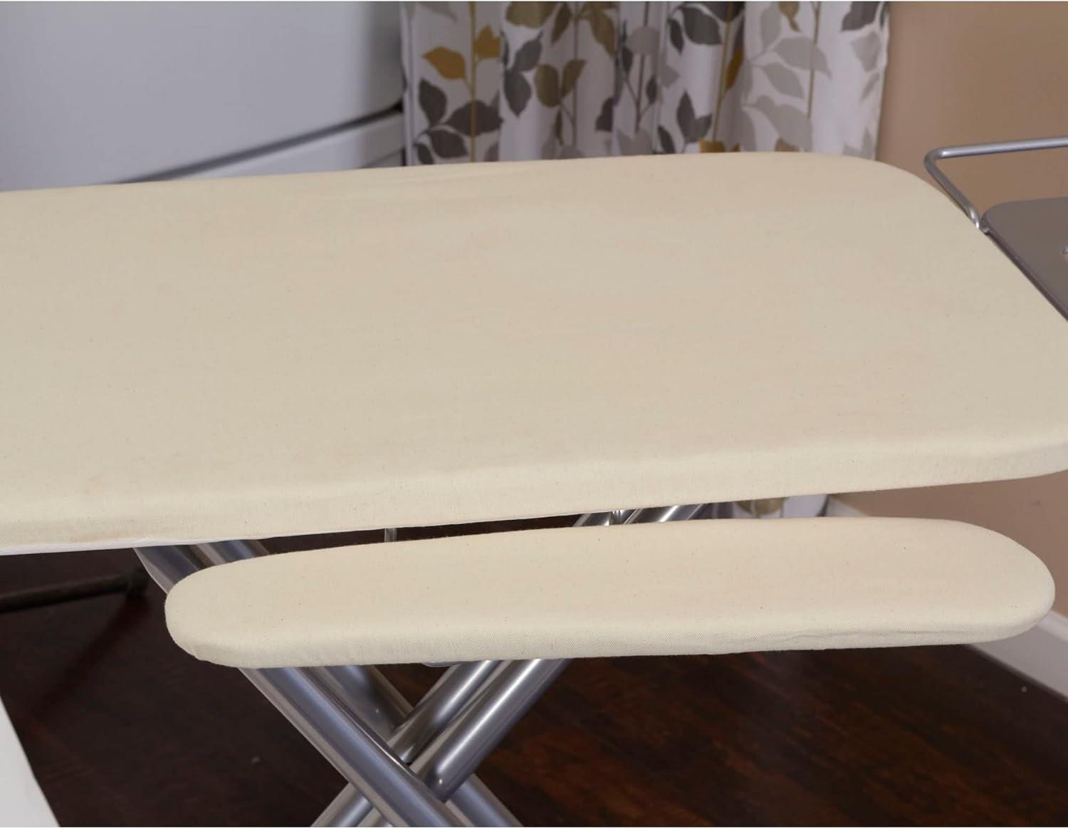 Household Essentials Wide Mega Ironing Board 4-Leg, Steel Top Pressing Station, Heat-Resistant Fiber Pad and Cotton Cover, Includes Sleeve Board and Iron Rest with Hanger Bar, Silver Frame