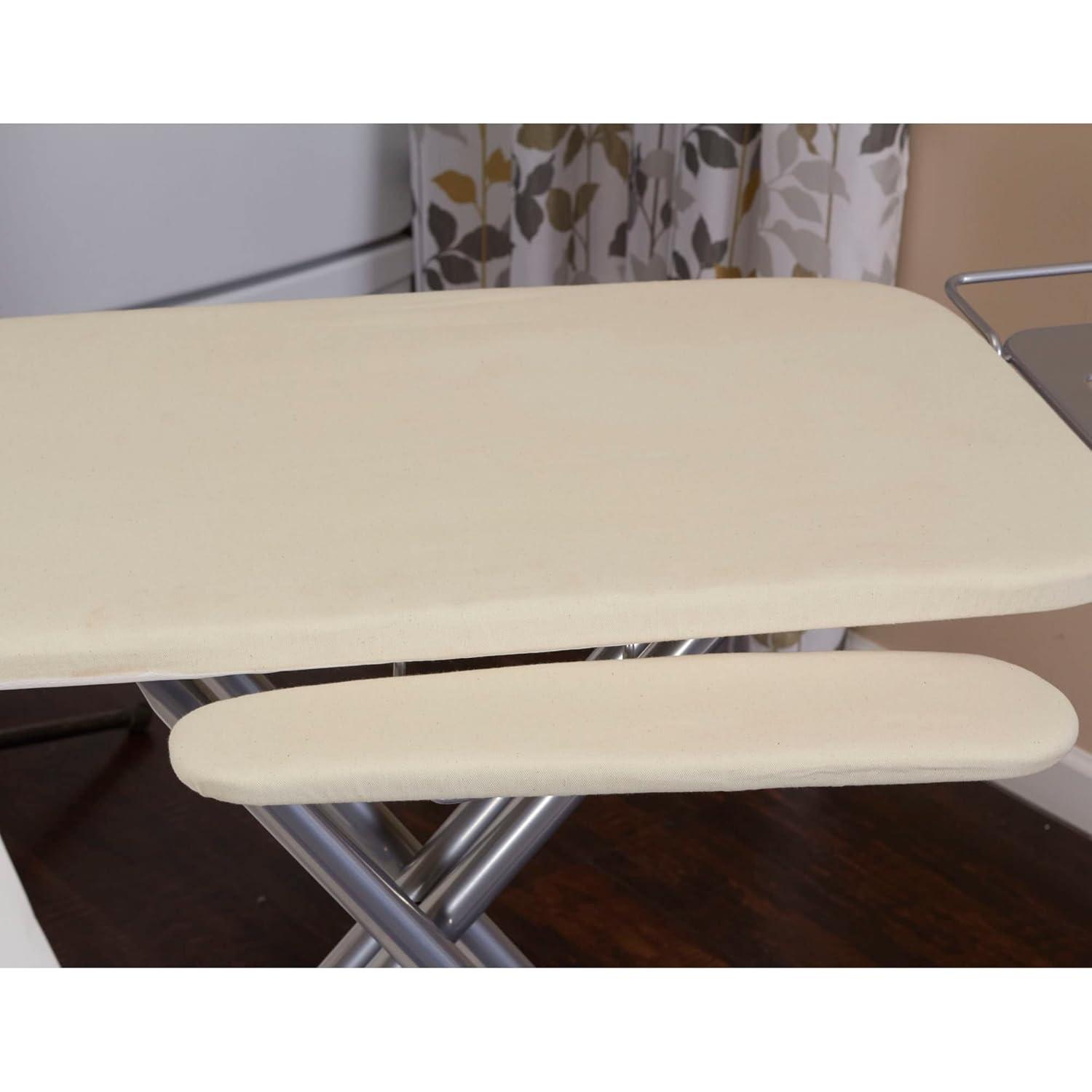 Household Essentials Wide Mega Ironing Board 4-Leg, Steel Top Pressing Station, Heat-Resistant Fiber Pad and Cotton Cover, Includes Sleeve Board and Iron Rest with Hanger Bar, Silver Frame