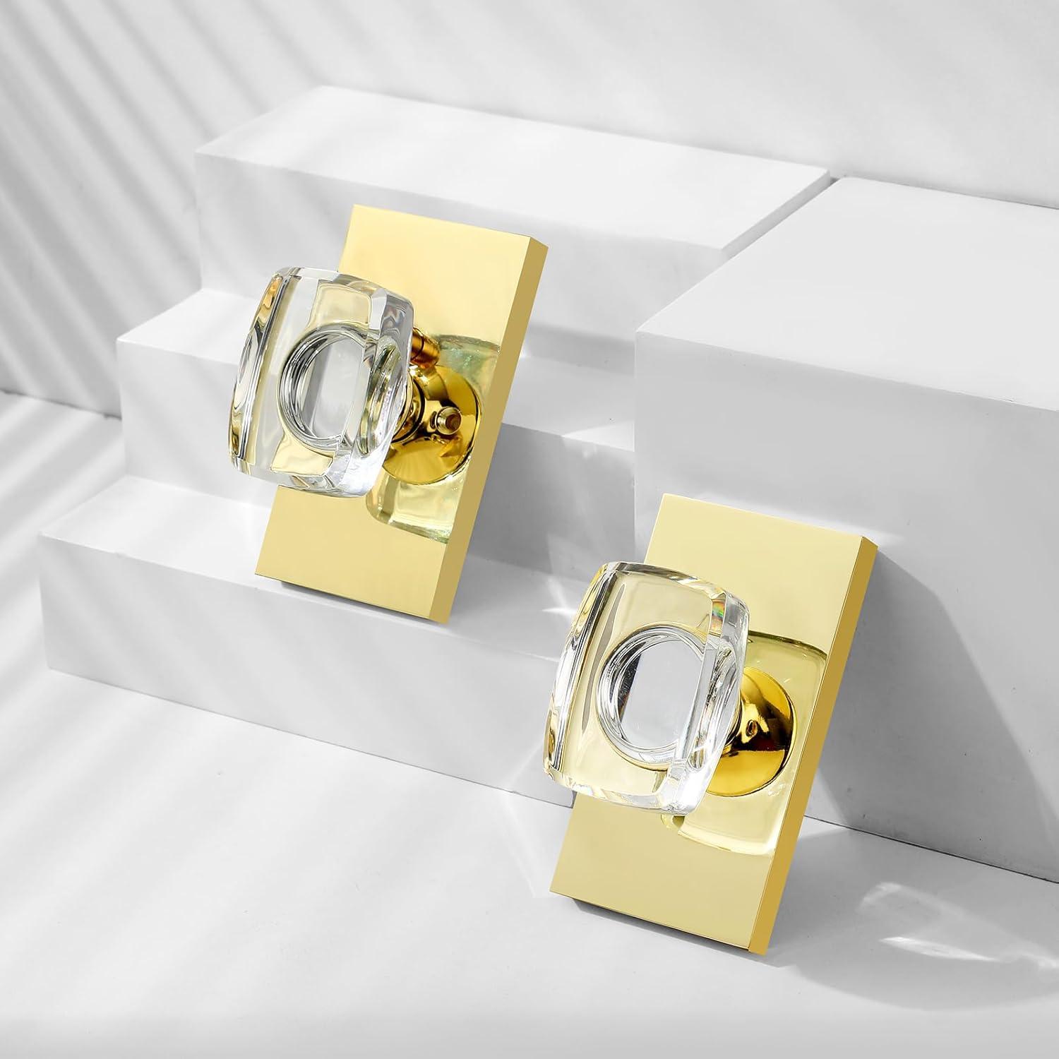 Clear Glass Crystal Door Knobs Interior,Octagon Gold Door Knob,Bathroom Bedroom Privacy Door Knobs with Lock,Satin Brass
