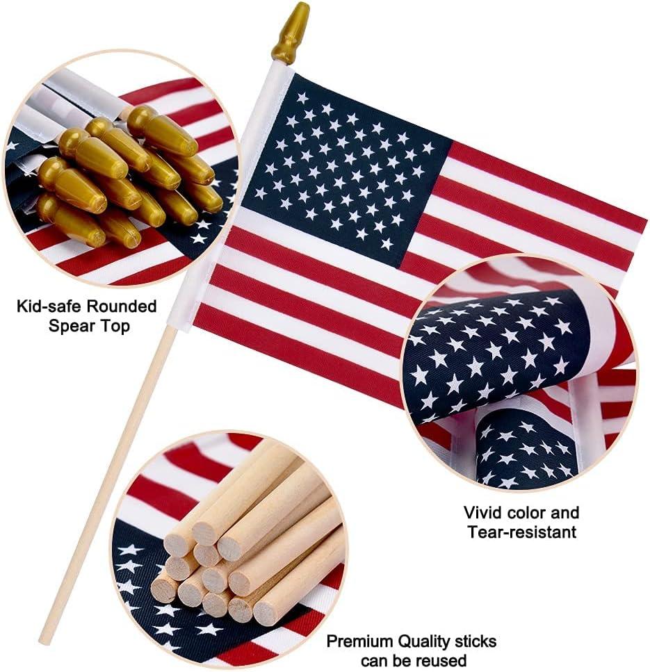 12 Pack Small American Flags Small US Flags/Mini American Flag on Stick 8x12 Inch US American Hand Held Stick Flags with Kid-Safe Spear Top, Polyester Full Color Tear-Resistant Flag