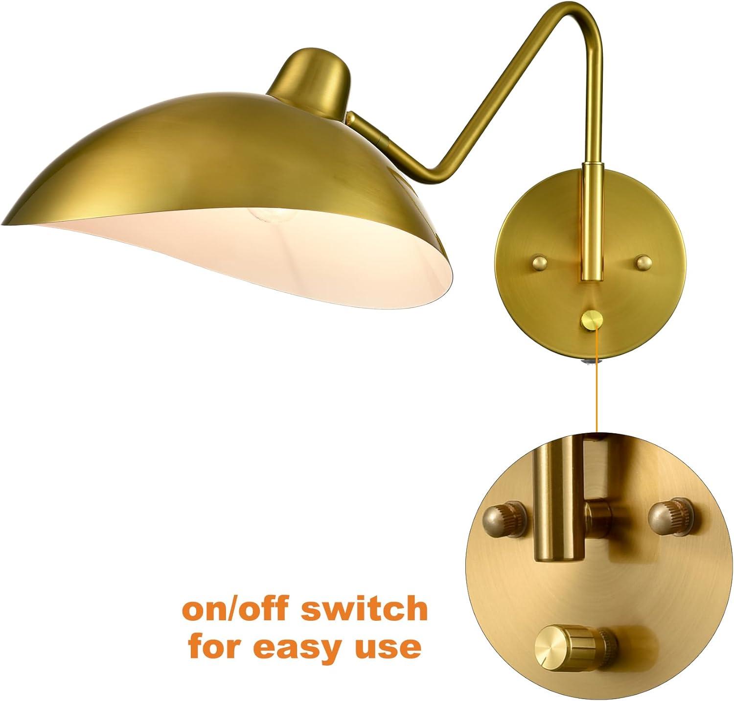 Plug-in Wall Sconce Gold Swing Arm Wall Sconce Brass Wall Lamp with on/Off Switch for Bedroom Set of 2