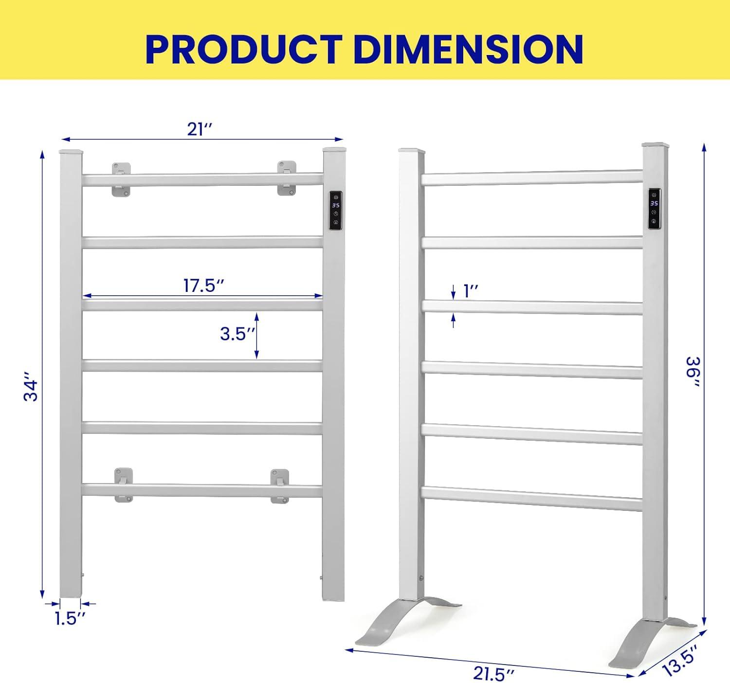 Topcobe Freestanding and Wall-Mounted 6 Bars Towel Warmer with Timer and LED Display, Bathroom Furniture, Electric Heated Towel Racks for Bathroom, Silver