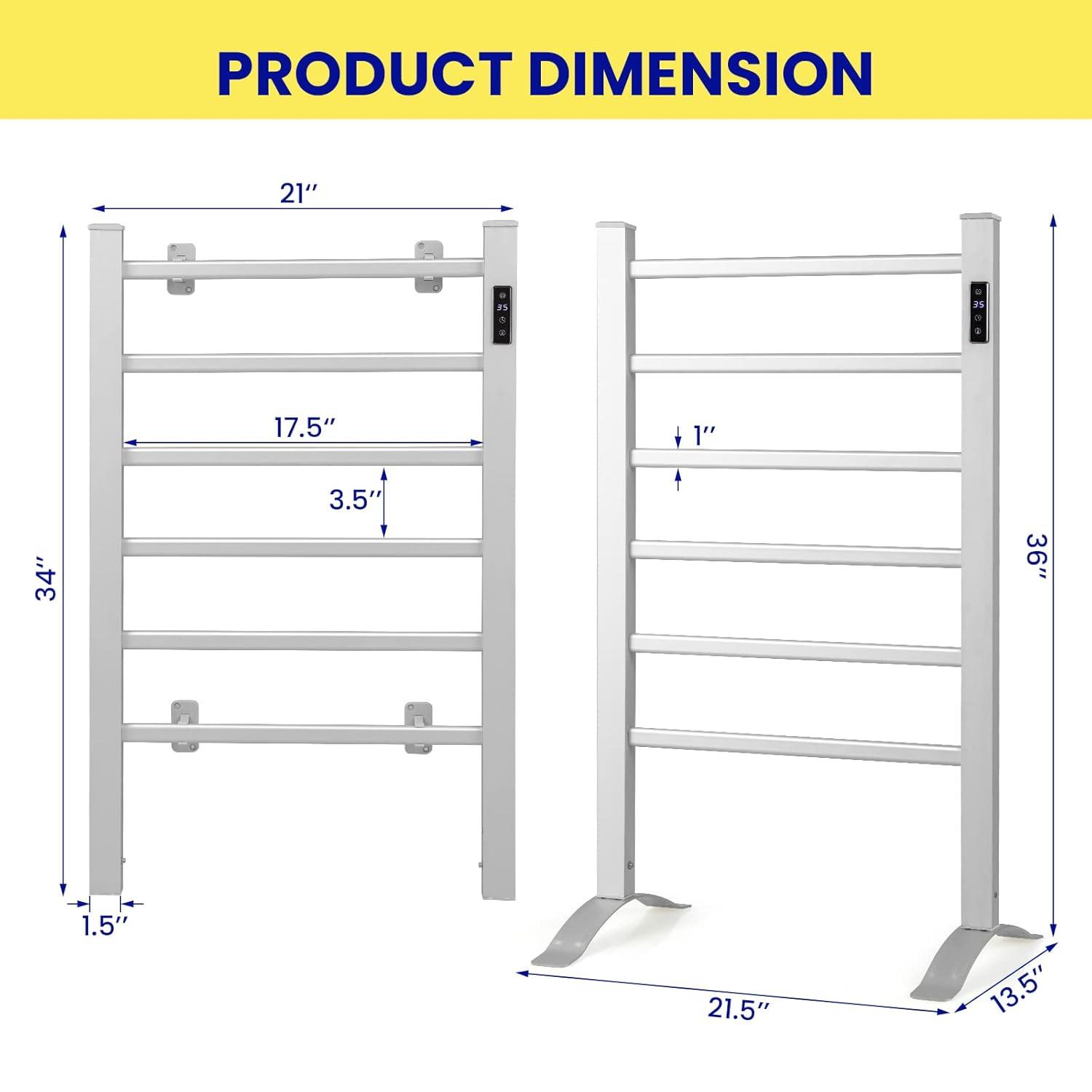 Costway Freestanding Wall Mounted Towel Warmer 6-Bar Aluminum Heated Towel Rack w/ Timer