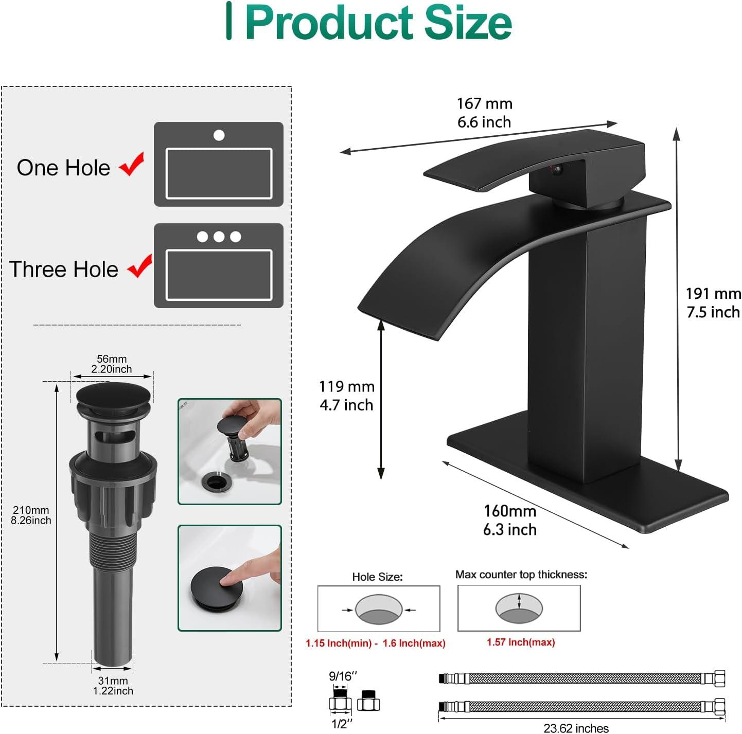 Matte Black Stainless Steel Waterfall Bathroom Faucet with Pop-Up Drain