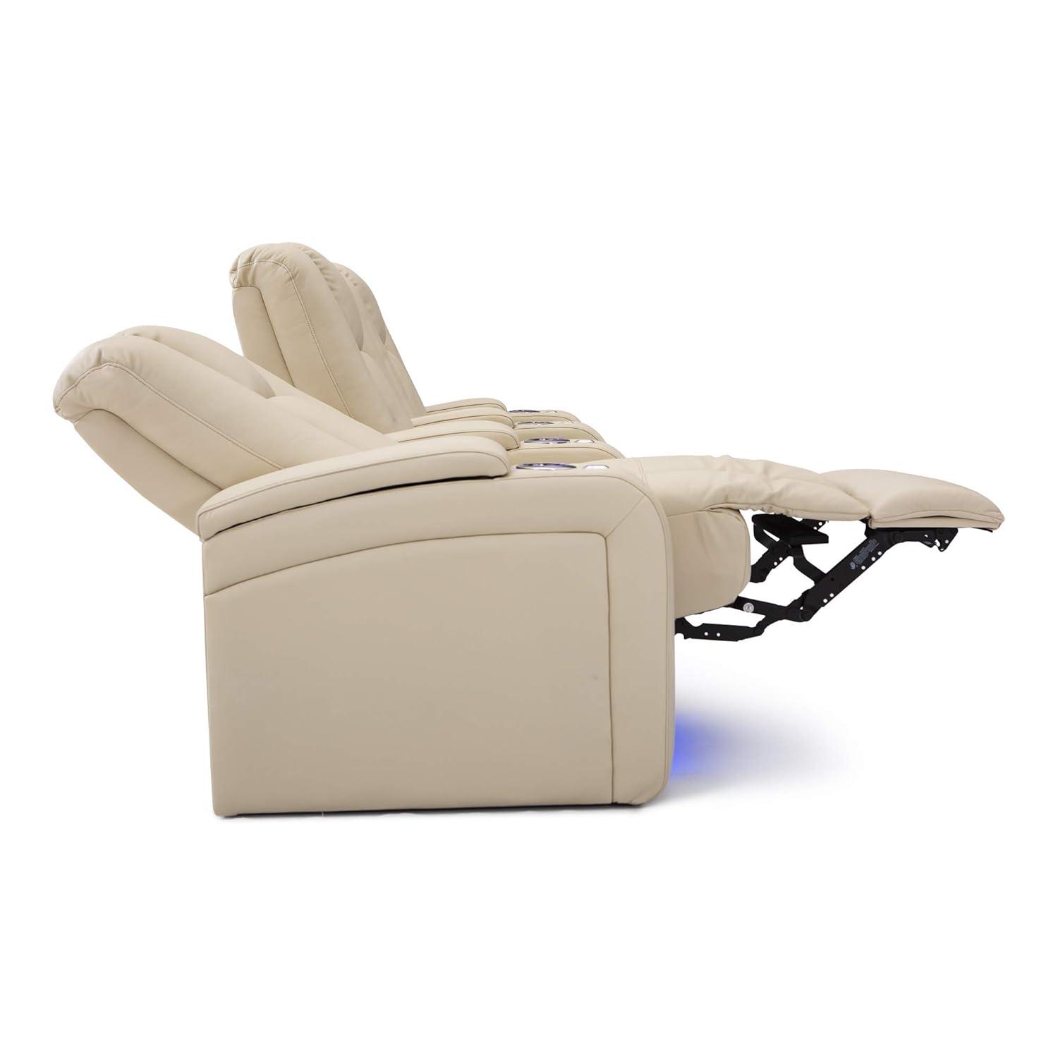 Seatcraft Serenity Italian Leather Home Theater Seating - Living Room - Power Recline - Tray Tables - in-Arm Storage - Ambient Base Lighting and Lighted Cupholders (Row of 4 Middle Loveseat, Cream)