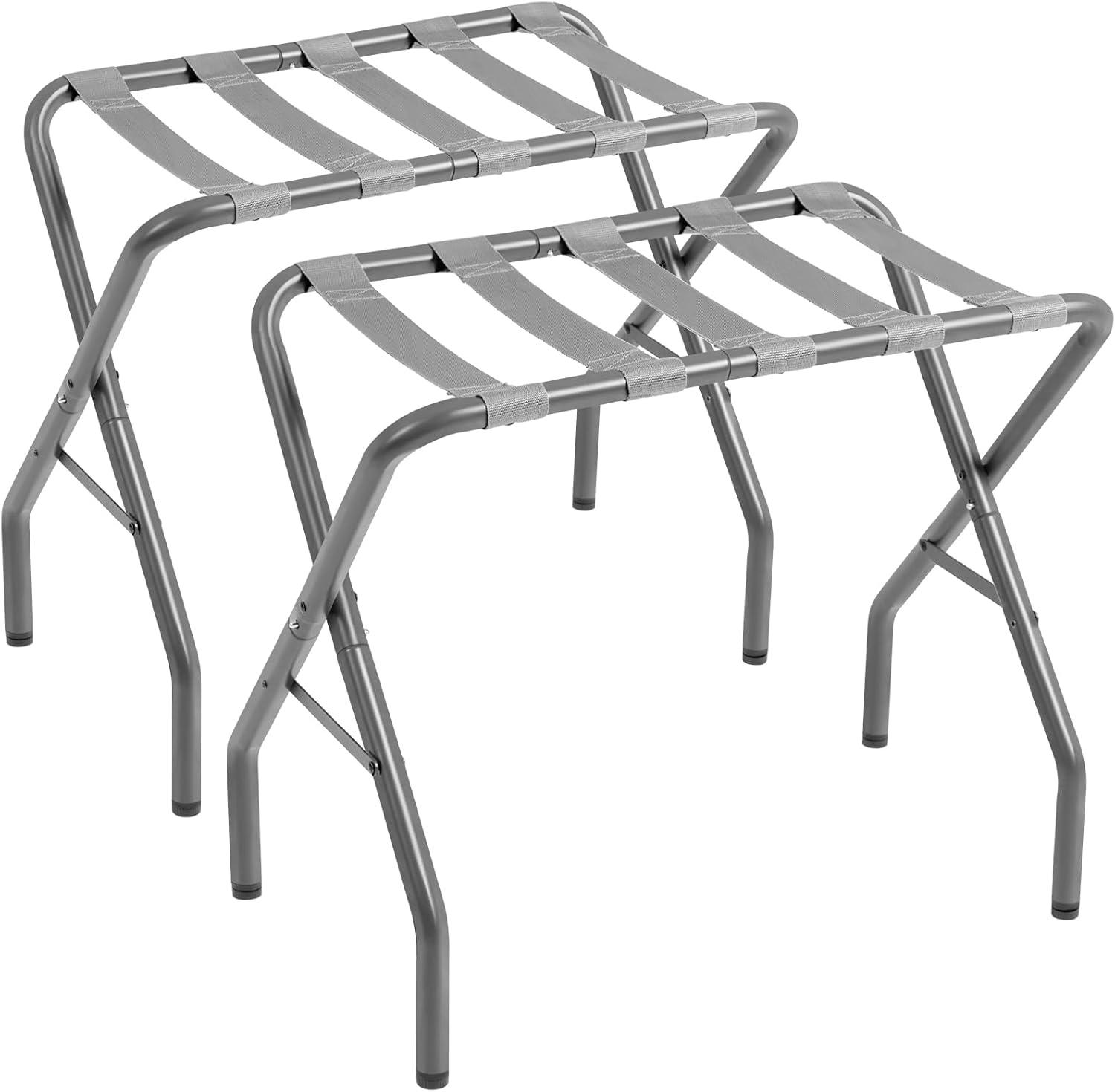 BINO 2-Pack Folding Luggage Rack Collapsible Metal Suitcase Stand With Durable Black Nylon Straps- For Bedroom, Guest Room, Or Hotel (Gray Steel)