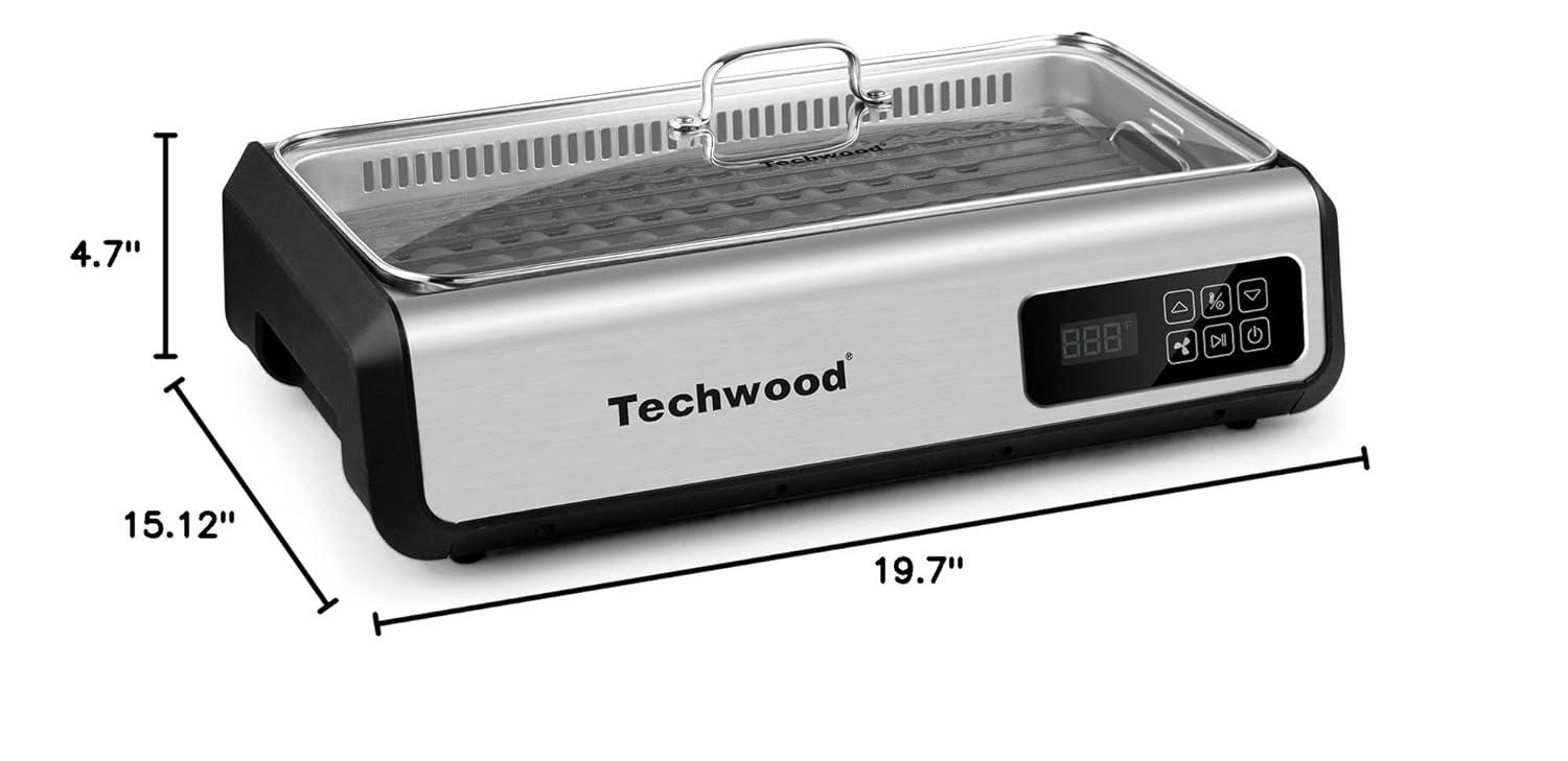 Indoor Smokeless Grill Techwood 1500W Tempered Glass Lid & LED Smart Control Panel, 8-Level Control Korean BBQ with Removable Grill Plate, Stainless Steel (Silver)