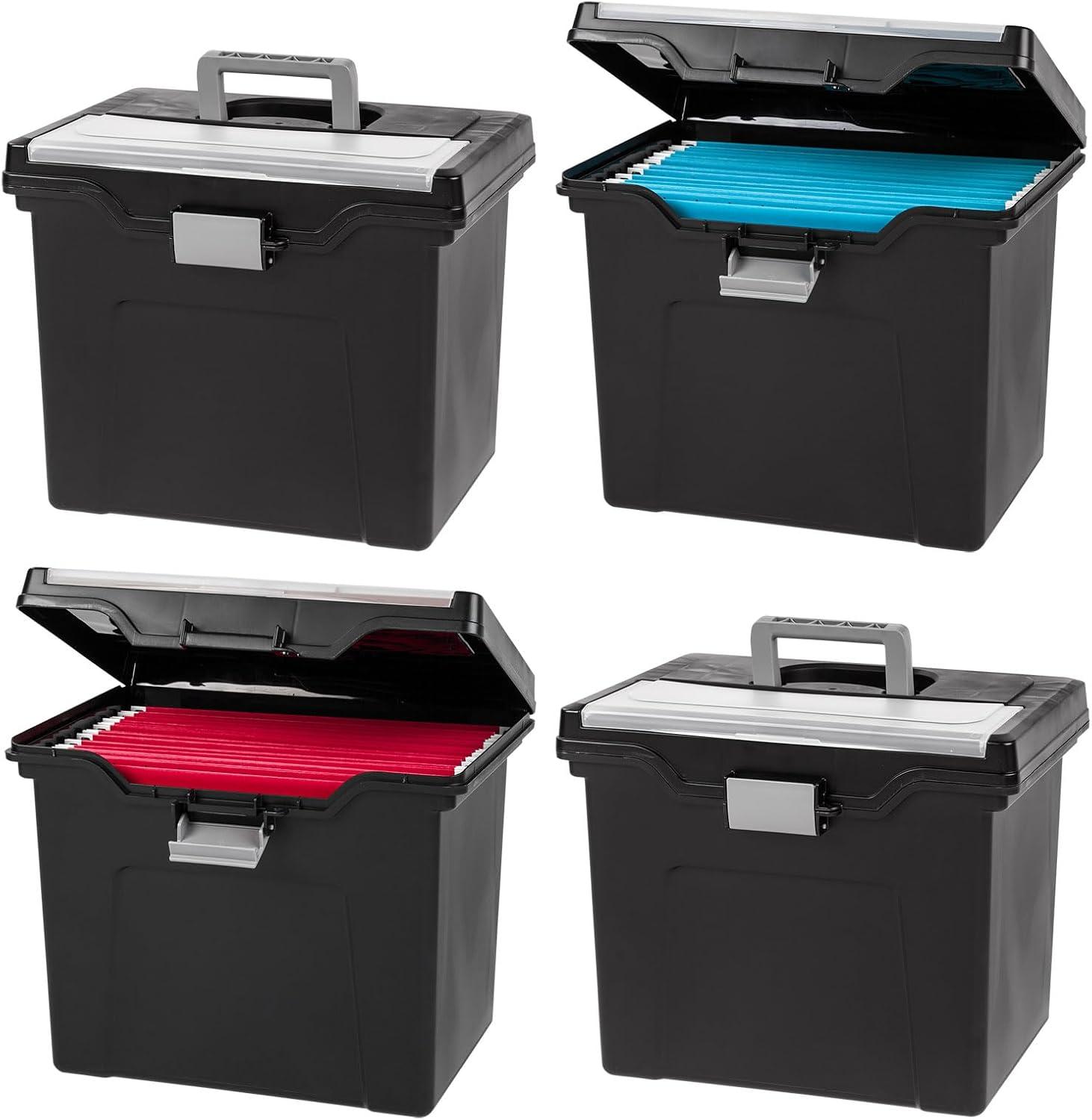 IRIS USA File Box Portable File Organizer Plastic File Box for Letter File w/ Organizer-Lid, Black 4 Pack