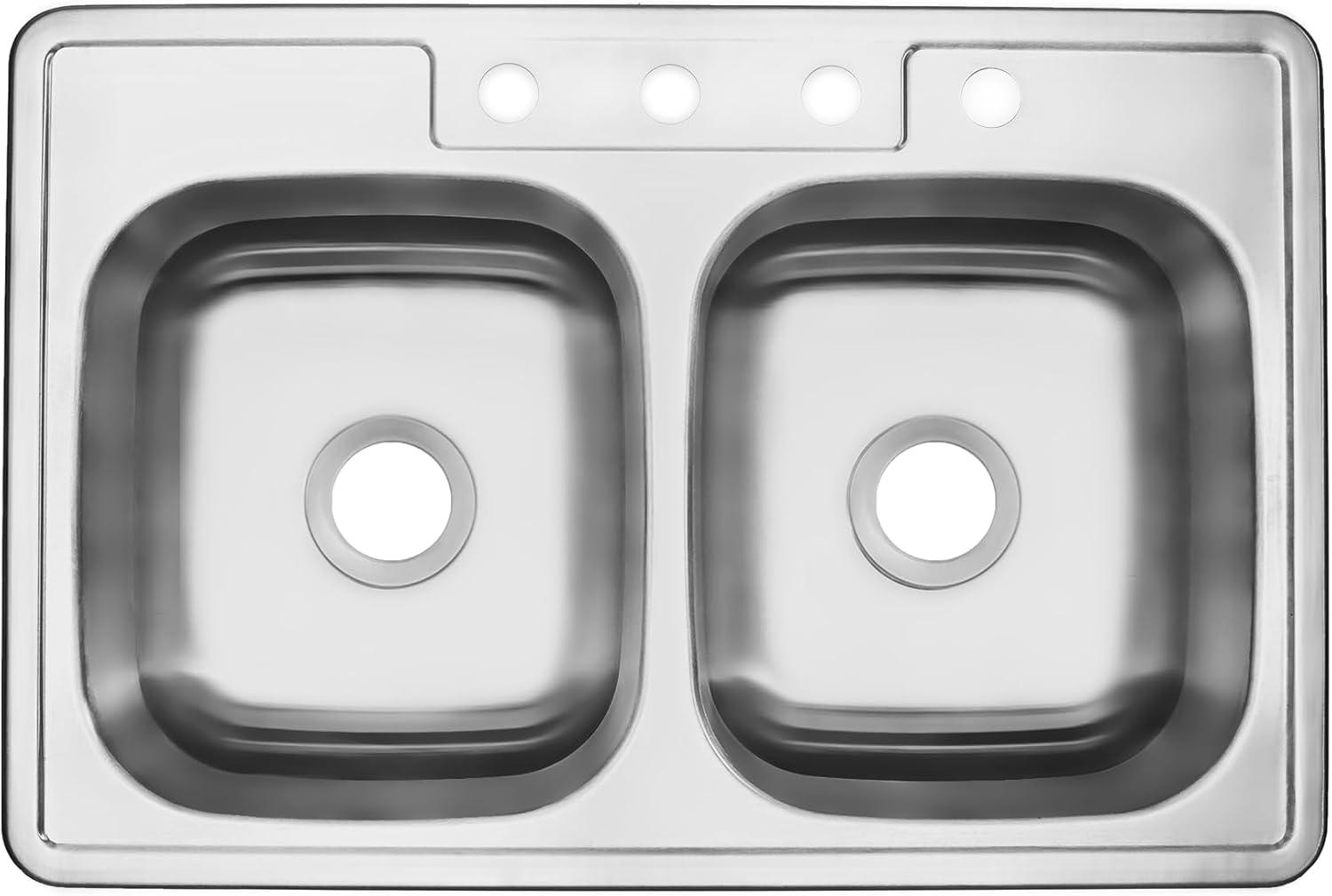 Magnolia Sinks Kitchen Sink Stainless Steel Drop In Top Mount 33" x 22", 4 hole (33 inch Drop-in Topmount 50/50 Double Bowl with Strainers) Self Rimming