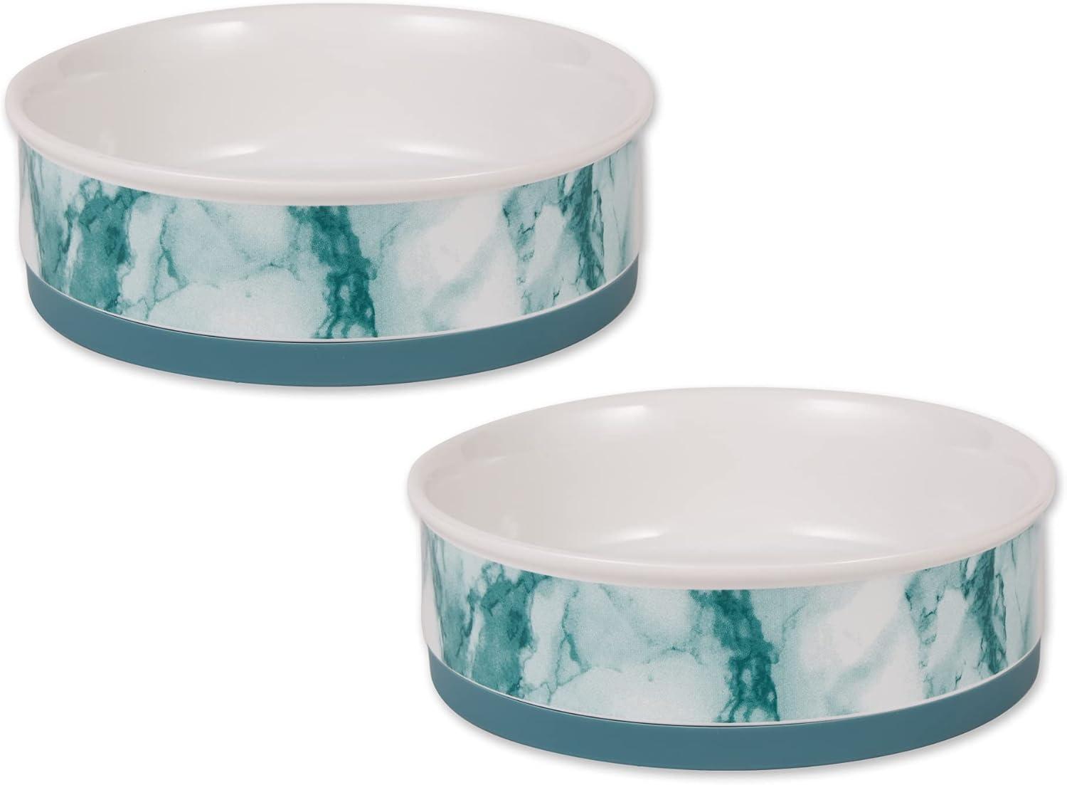 Teal Marble Ceramic Pet Bowls with Non-Slip Base, Large, Set of 2