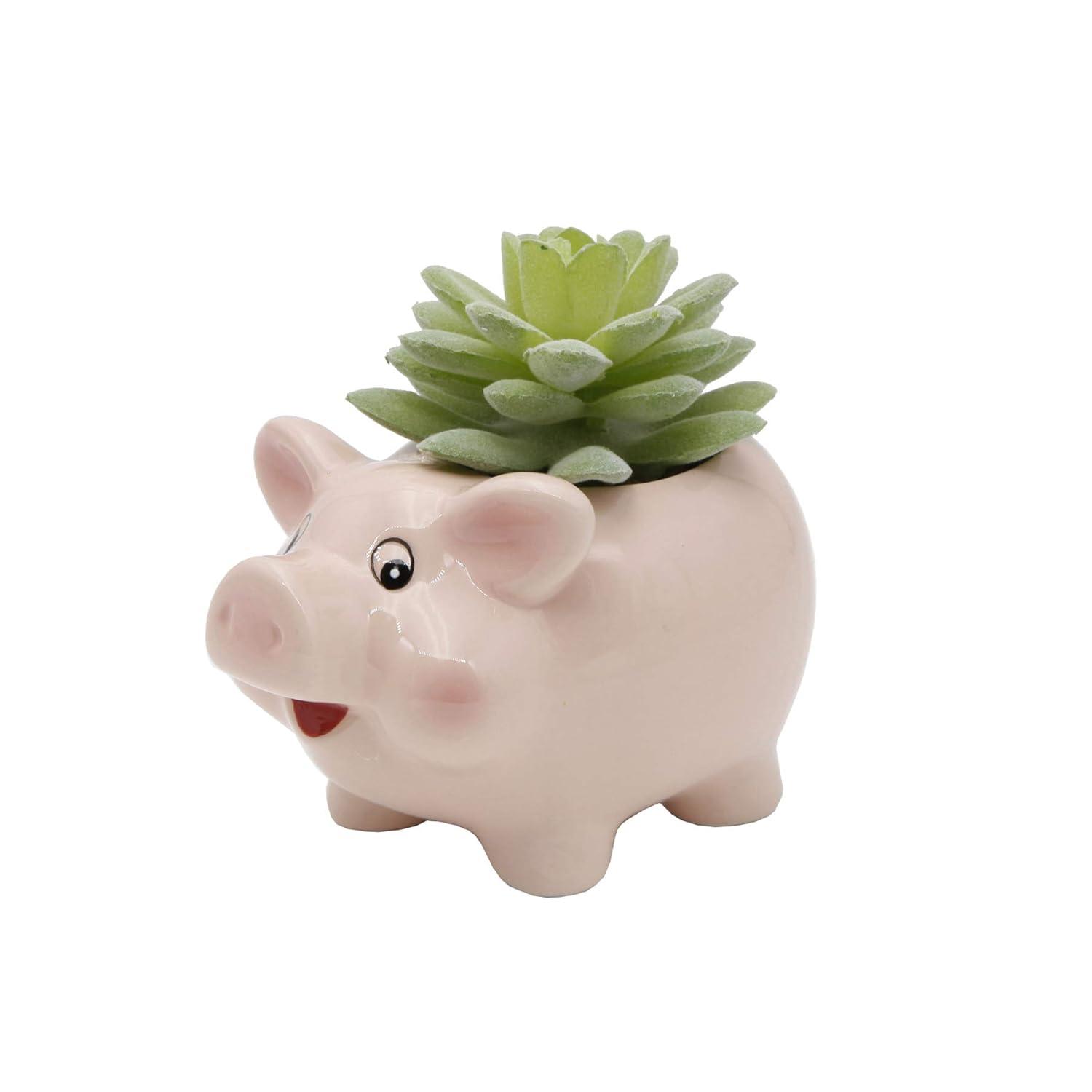 Flora Bunda Set of 2 Artificial Succulents in Pink Ceramic Pig Planters