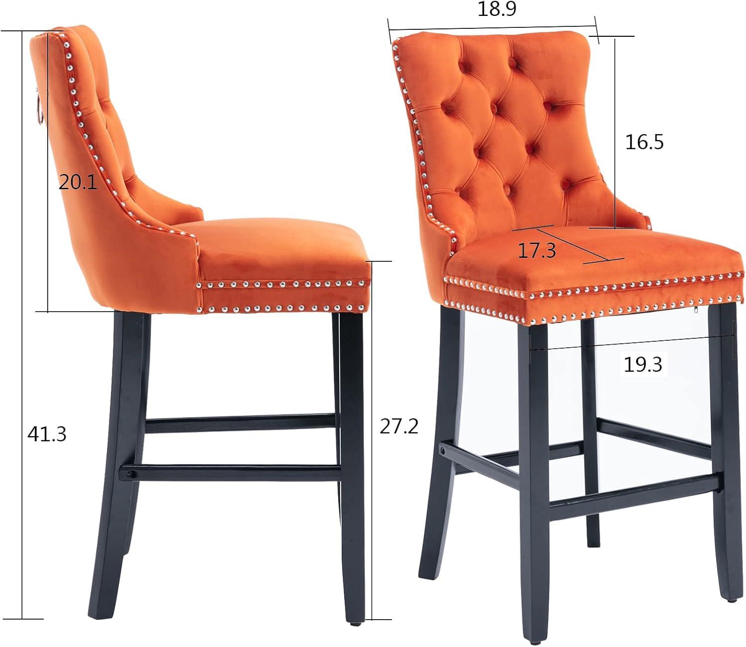 Aoowow Velvet Upholstered Counter Height Bar Stools Set of 2, Counterstool Seat Height 27.2", Wingback Armless Bar Chairs Button Tufted with Solid Wood Legs for Kitchen Island Bar Area (Orange)