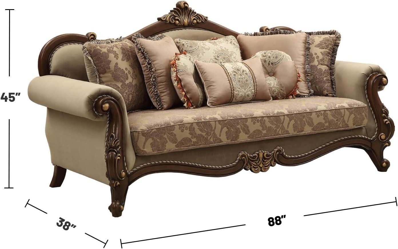 Elegant Walnut Velvet Rolled Arm Sofa with 8 Pillows