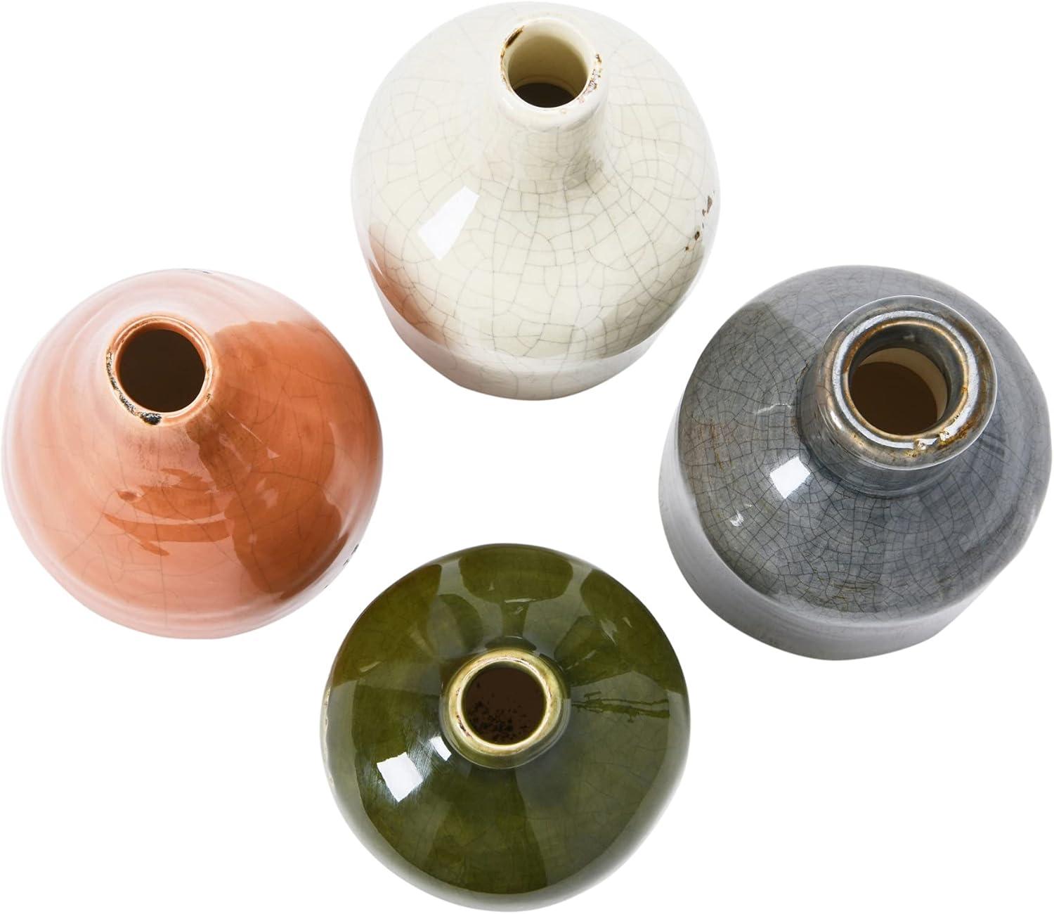 Main + Mesa Stoneware Bud Vases in Crackle Glaze, Olive/Terracotta Tones, Set of 4