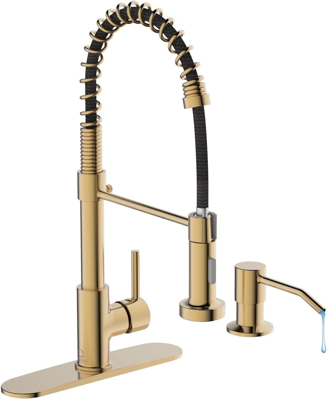 Brushed Gold Stainless Steel Pull Down Kitchen Faucet with Deck Plate